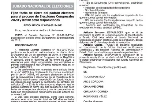 Publican resolución del JNE sobre elecciones parlamentarias del 26 de enero del 2020.