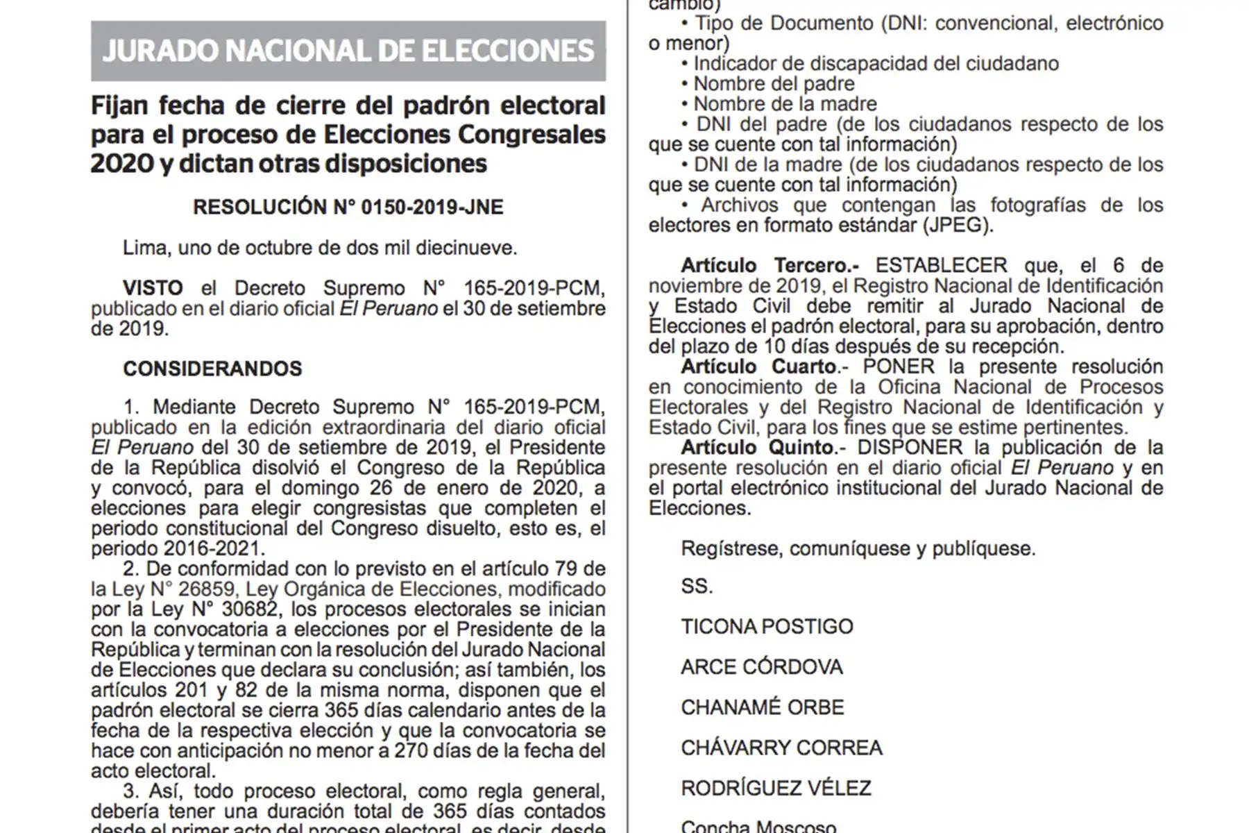 Publican resolución del JNE sobre elecciones parlamentarias del 26 de enero del 2020.