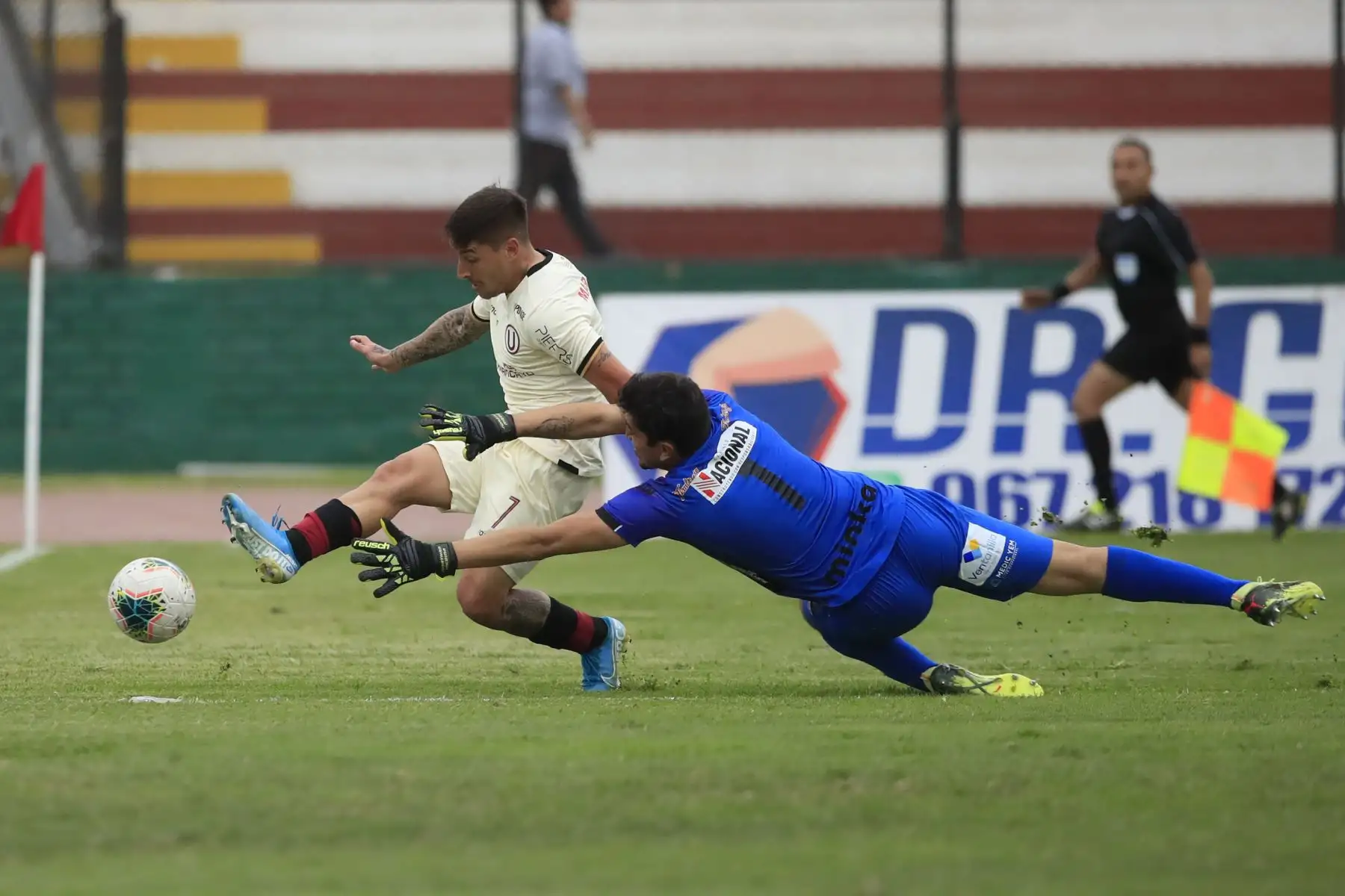 Alejandro Hohberg de Universitario mano a mano con el portero Jonathan Medina de Sport Boys en partido jugado en el estadio Miguel Grau del Callao.


Foto: Andina/Juan Carlos Guzmán Negrini
