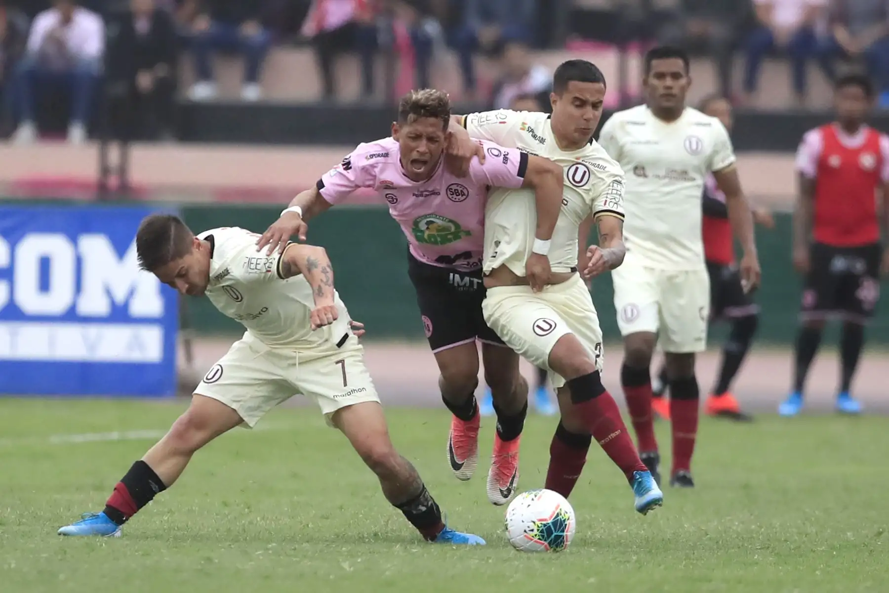 Paolo de la Haza del Sport Boys en disputa del balón con Alejandro Hohberg y Jesús Barco de Universitario en partido jugado en el estadio Miguel Grau del Callao.


Foto: Andina/Juan Carlos Guzmán Negrini