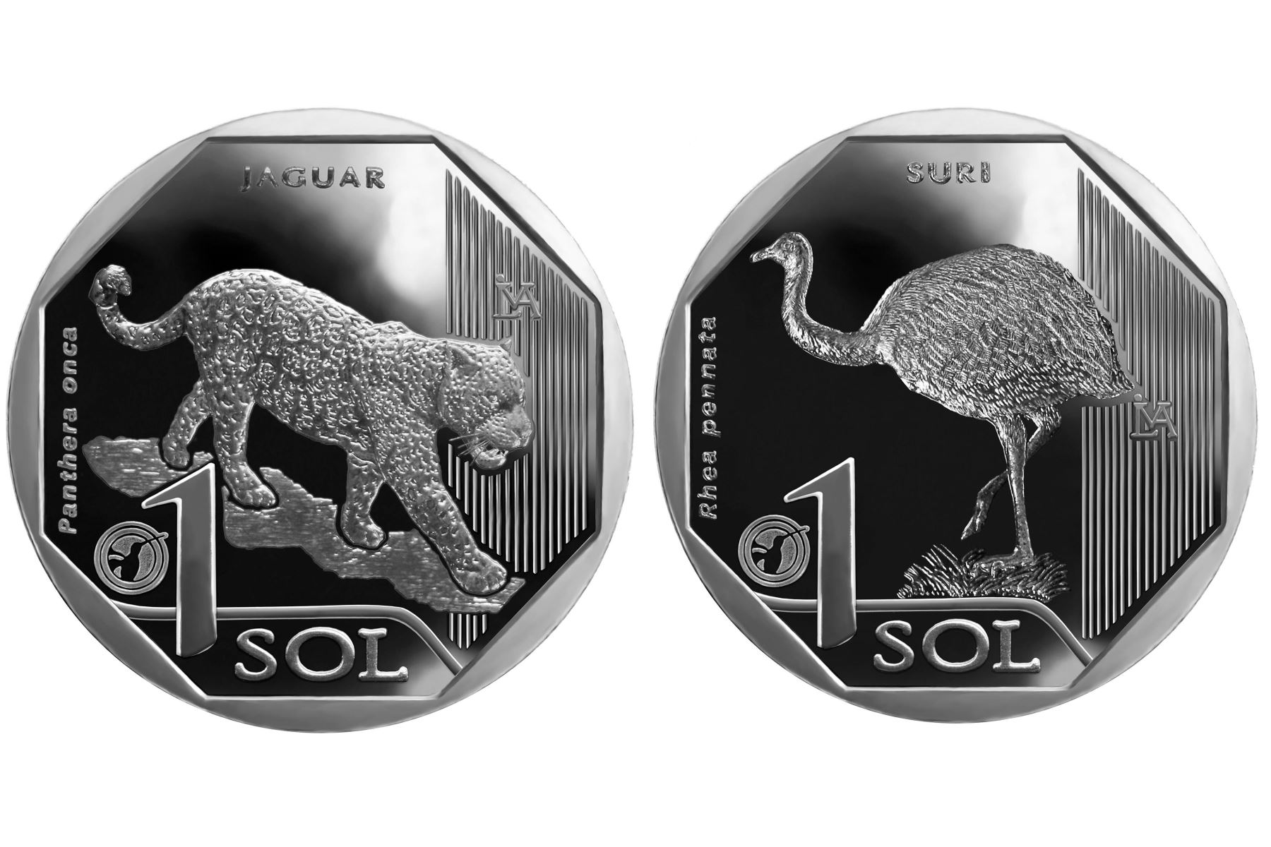 Monedas de S/ 1 alusivas al jaguar y al suri. Foto: ANDINA/difusión.