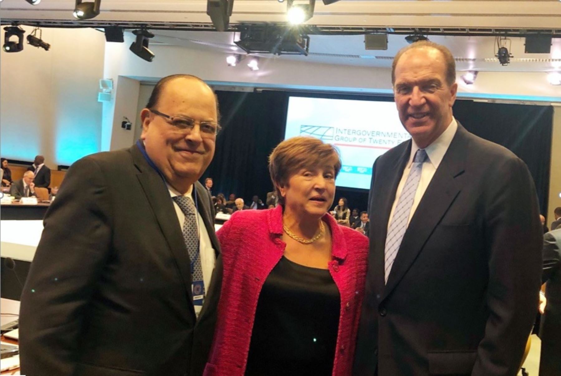 Presidente del BCR, Julio Velarde; directora gerente del FMI, Kristalina Georgieva; y presidente del Grupo Banco Mundial, David Malpass. Foto: Cortesía.