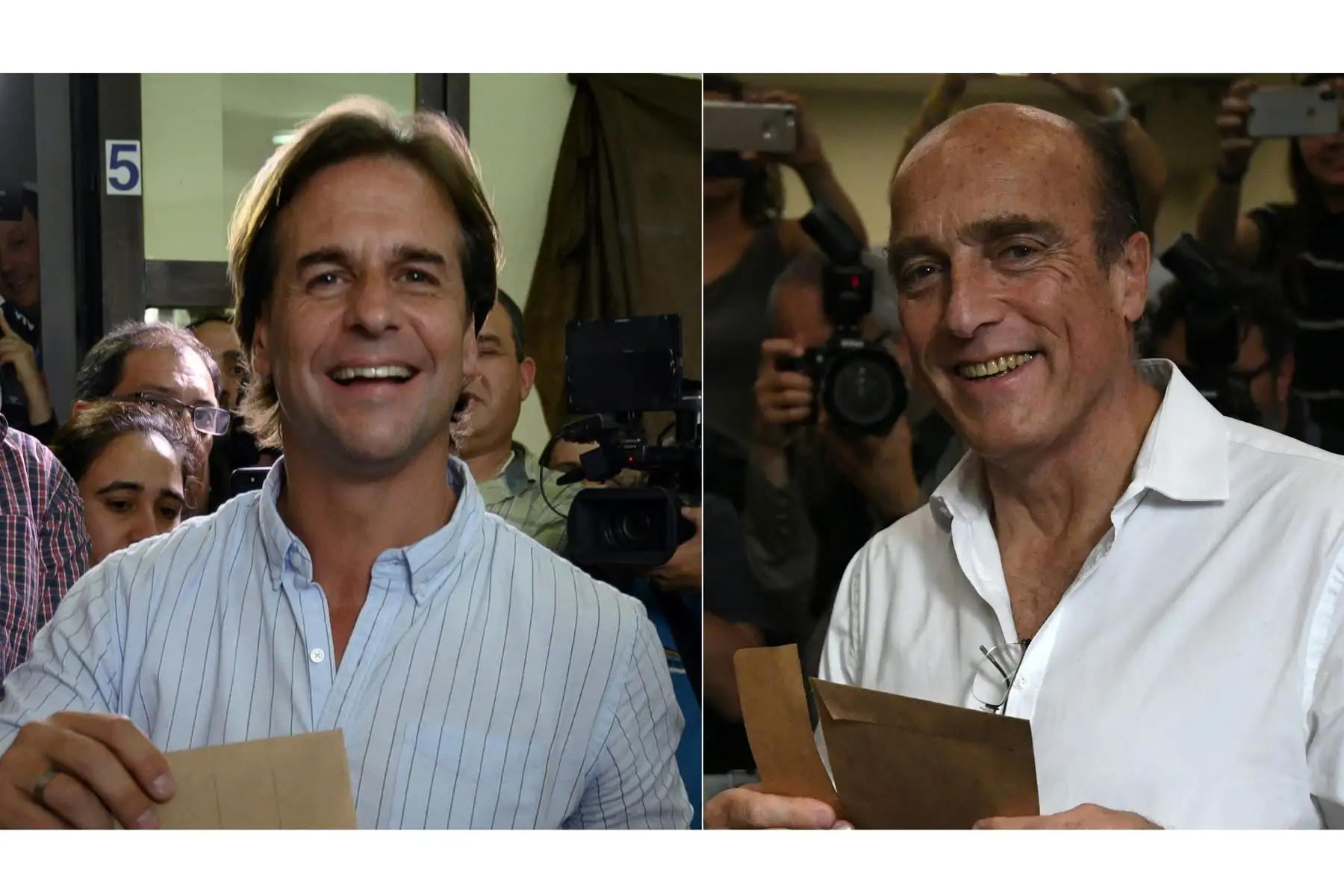 Esta combinación de imágenes muestra al candidato presidencial para el partido del Partido Nacional de Uruguay, Luis Lacalle (L) y el candidato presidencial para la coalición de gobierno izquierdista uruguaya Frente Amplio, ambos candidatos iran a una segunda vuelta electoral el 24 de  Noviembre de 2019. Foto:AFP