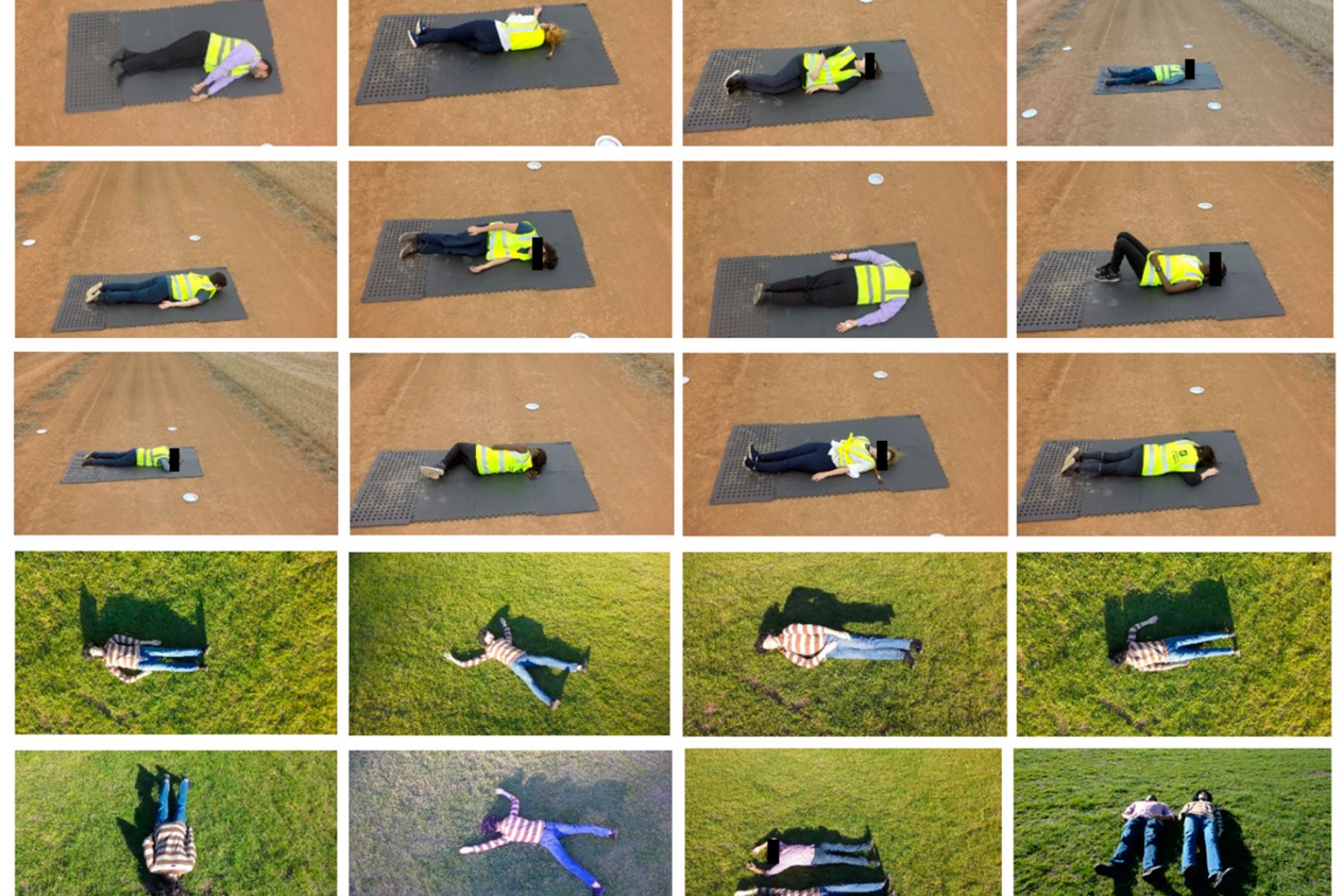 El algoritmo que diferencia personas vivas de muertas desde imágenes captadas por un dron fue probado con personas reales y un maniquí. Imagen: Remote Sensing