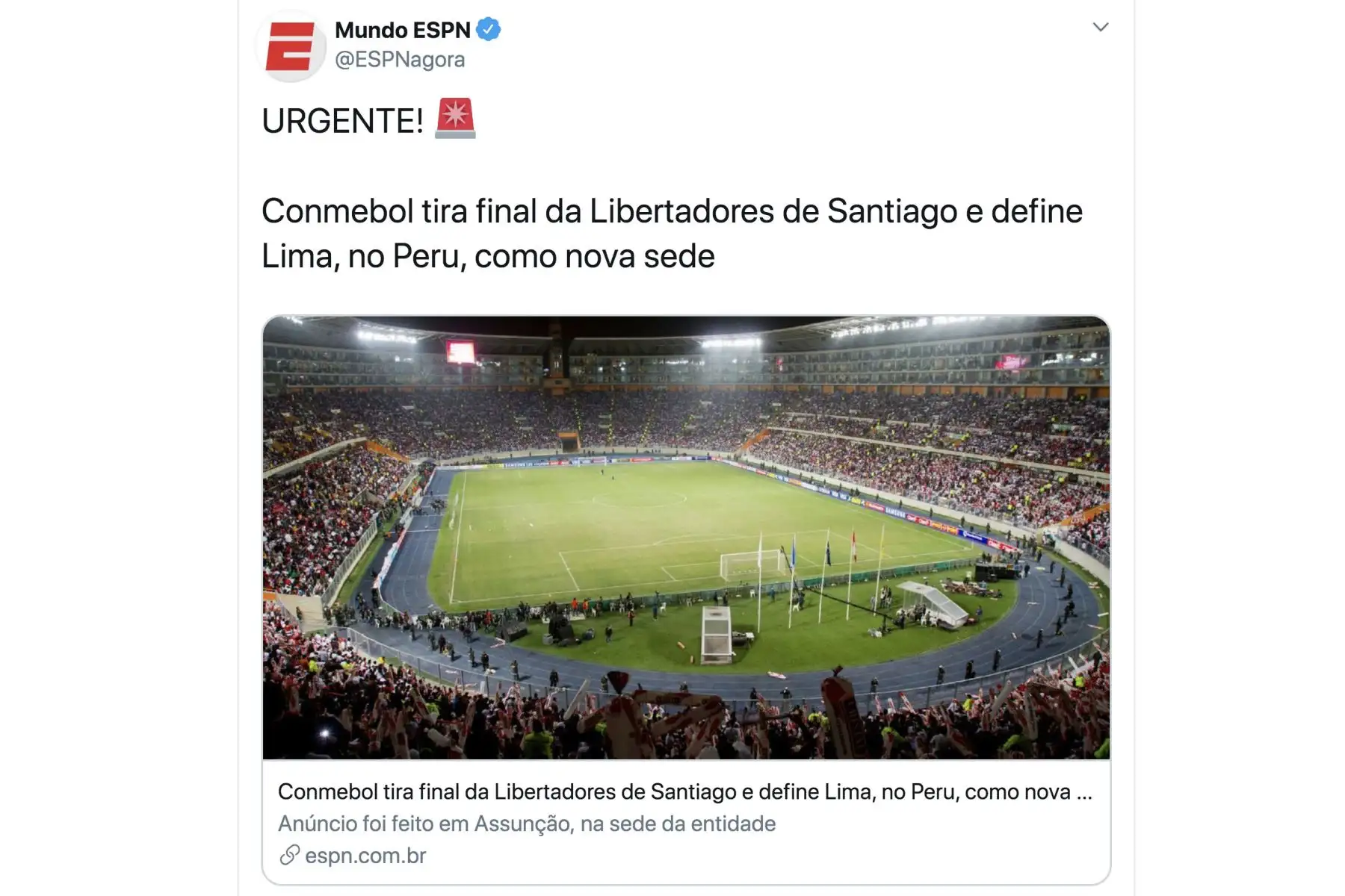 Prensa internacional informa, que Lima será  el escenario para la final de la Copa Libertadores.
Foto:Twitter