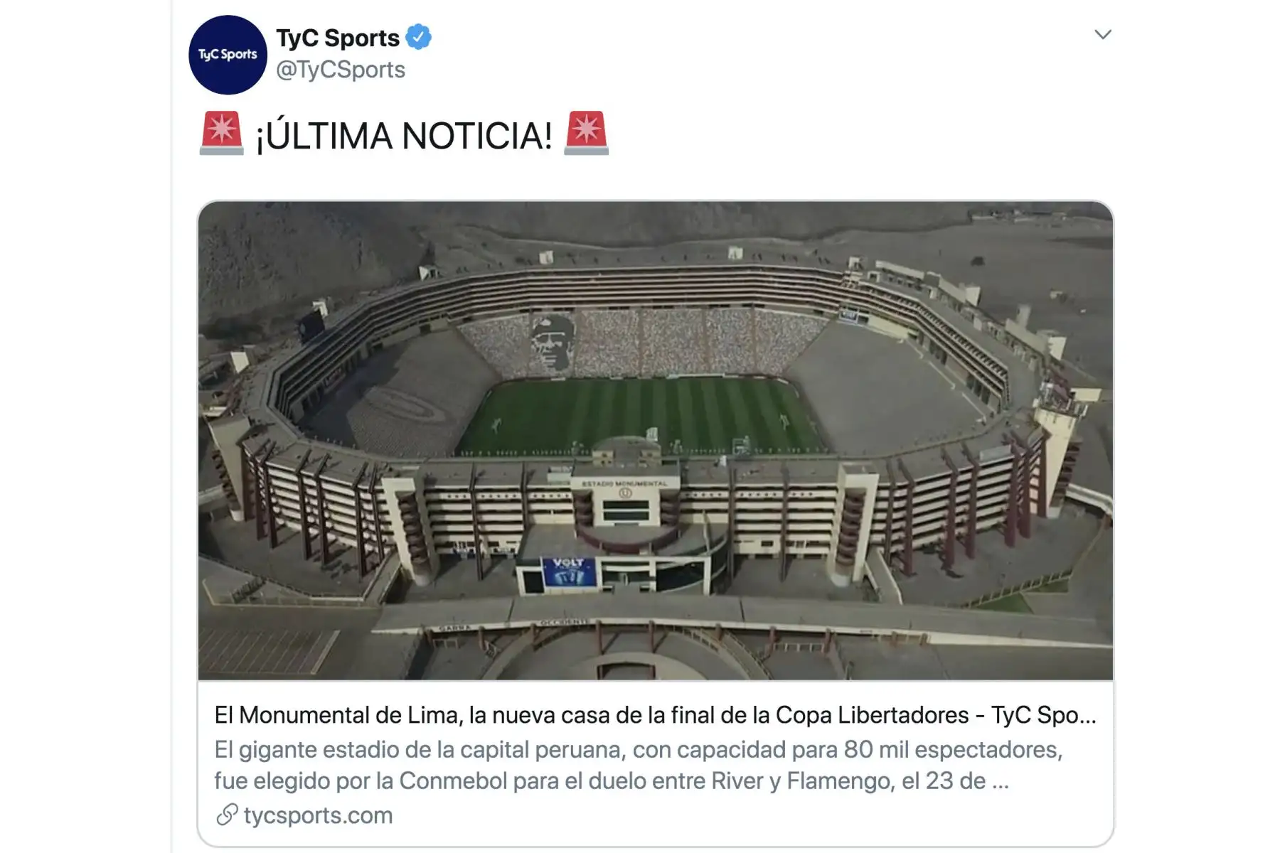 Prensa internacional informa, que Lima será  el escenario para la final de la Copa Libertadores.
Foto:Twitter