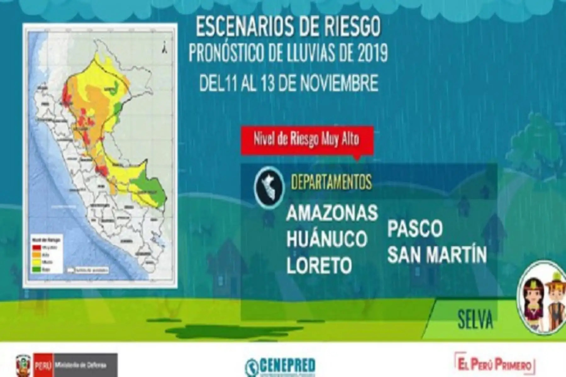 El Senamhi indicó que se presentarán lluvias de moderada a fuerte intensidad, acompañadas de descargas eléctricas y ráfagas de viento superiores a los 45 kilómetros por hora,  en la Selva de los departamento de Amazonas, Ayacucho, Cajamarca, Cusco, Huánuco, Junín, Loreto, Madre de Dios, Pasco, Puno, San Martín y Ucayali.