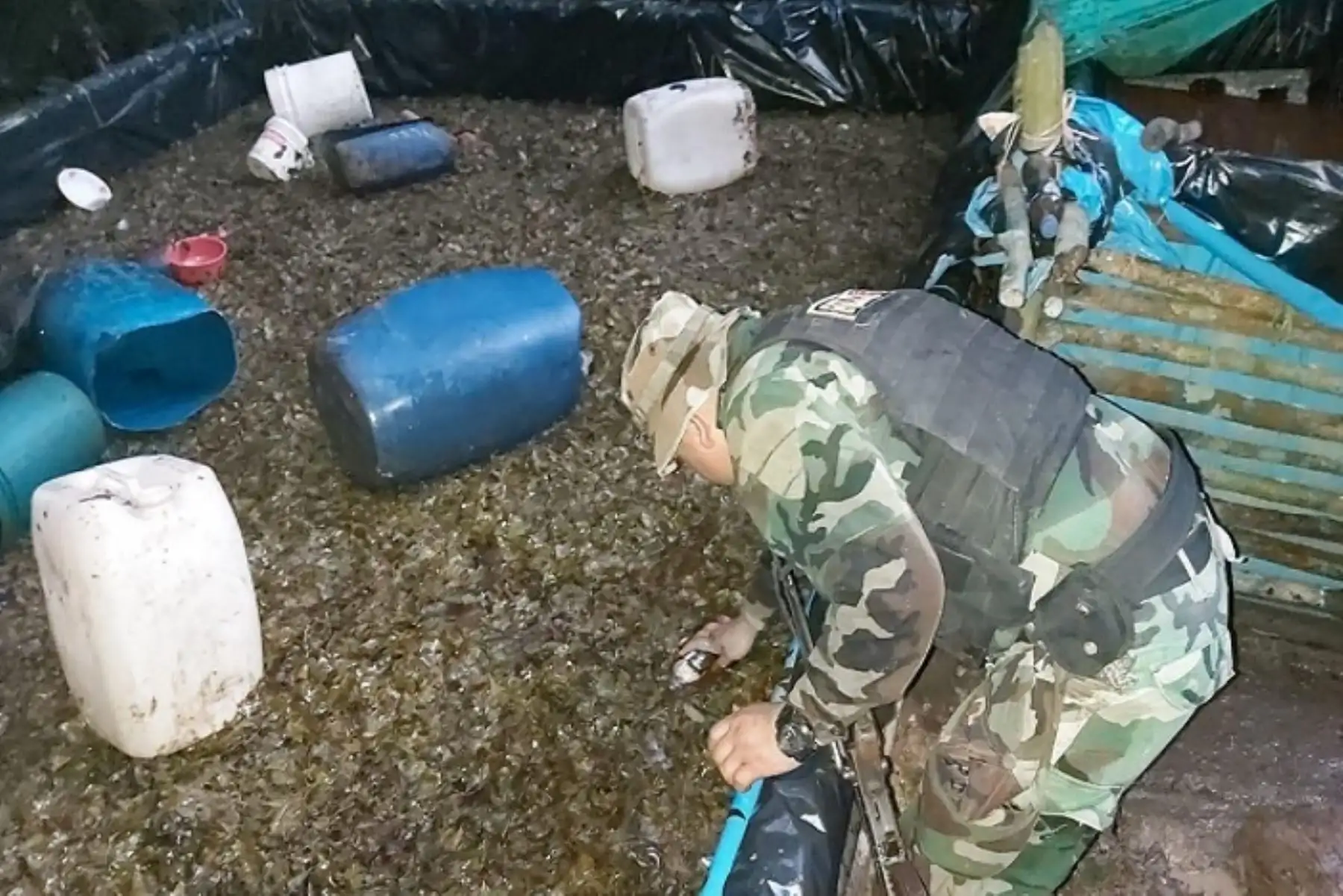 En el laboratoio rústico se incautó 880 kilos de hojas de coca aproximadamente en proceso de maceración, así como 60 galones de gasolina.