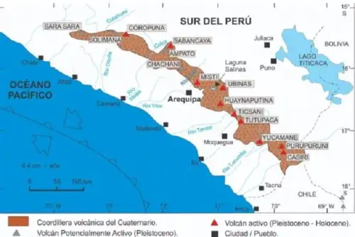 Los volcanes activos en el Perú son Coropuna, Sabancaya y Misti (Arequipa); Ubinas, Ticsani y Huaynaputina (Moquegua) y Tutupaca, Yucamane, Purupuruni y Casiri (Tacna).