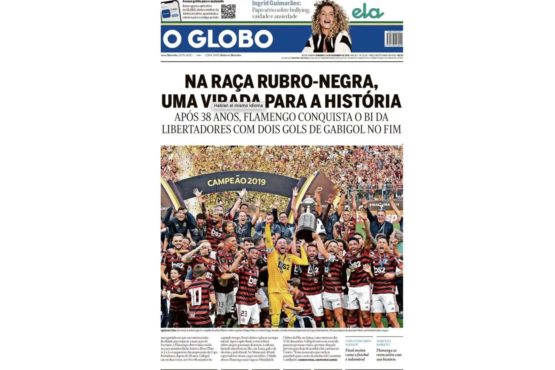 Las portadas de los diarios brasileños y portugueses destacan el histórico triunfo de Flamengo tras ganar la Copa Libertadores 2019 en Lima.