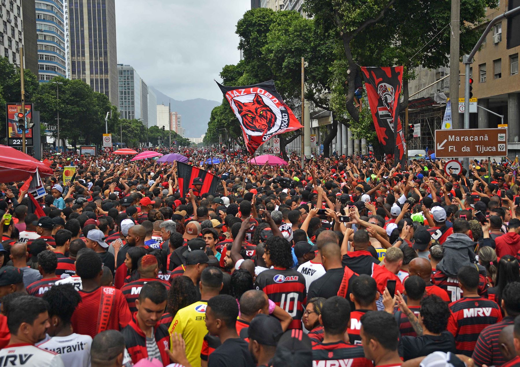 Hinchas del Flamengo se concentran en Rio de Janeiro para recibir al reciente campeón de la Copa Libertadores 2019. Foto: AFP