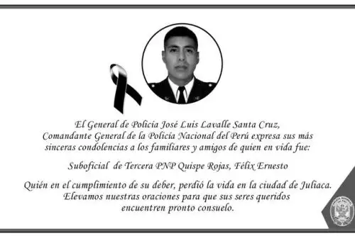 El suboficial de tercera PNP Félix Ernesto Quispe Rojas fue asesinado por delincuentes en la ciudad de Juliaca, región Puno.
