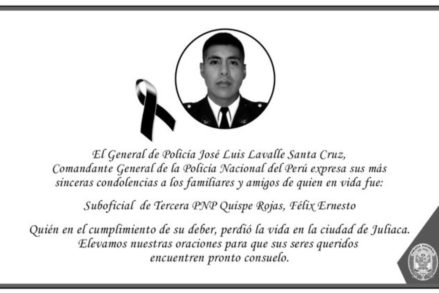 El suboficial de tercera PNP Félix Ernesto Quispe Rojas fue asesinado por delincuentes en la ciudad de Juliaca, región Puno.