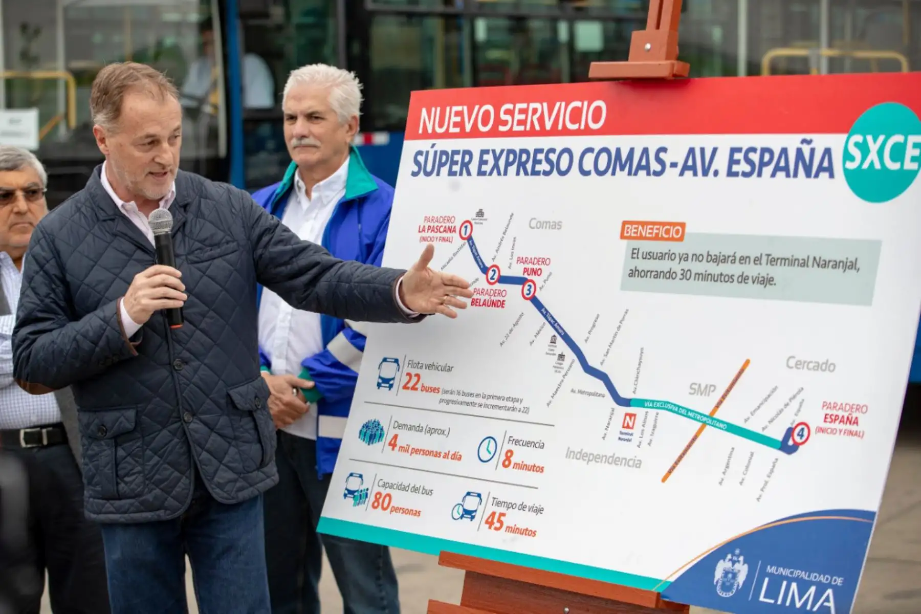 El alcalde de Lima, Jorge Muñoz, presentó hoy la flota vehicular del nuevo servicio expreso de El Metropolitano. Foto: ANDINA/ Difusión