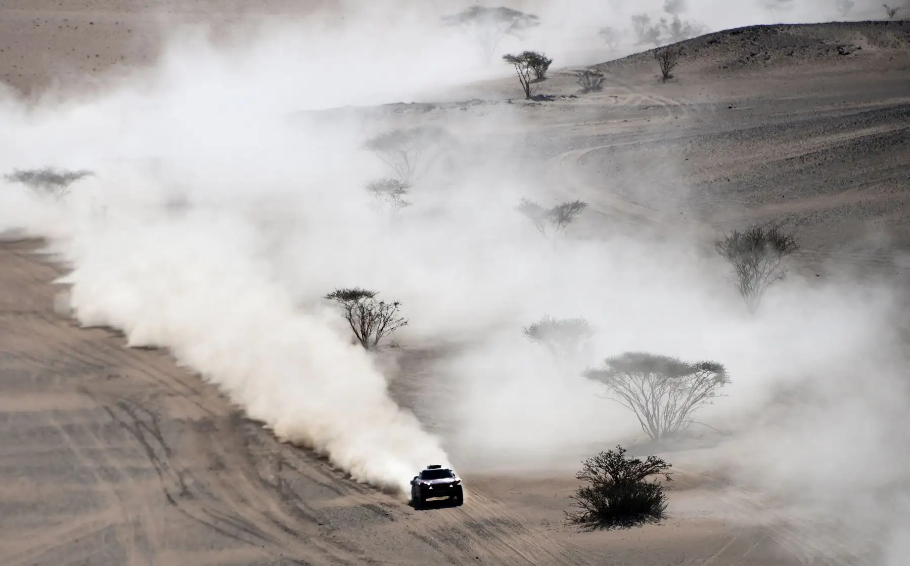 El piloto del equipo de Bahrein JCW X-Raid Stephane Peterhansel de Francia y su copiloto Paulo Fiuza de Portugal compiten durante la Etapa 1 del Dakar 2020 entre Jeddah y Al Wajh, Arabia Saudita.
Foto: AFP