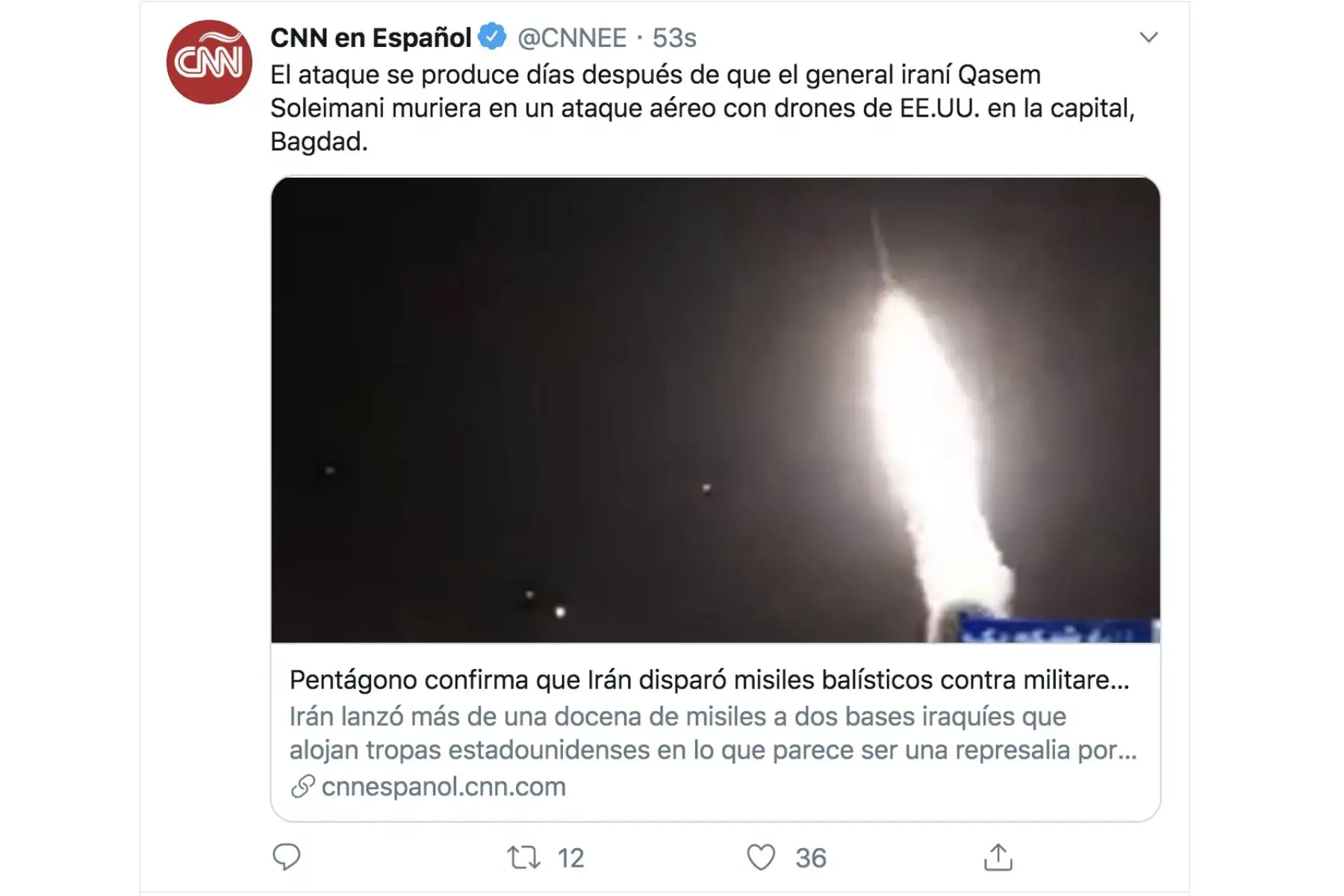 CNN en español. Así informan los medios internacionales el ataque de Irán contra bases en Irak usadas por tropas de EE.UU.
Foto: Twitter