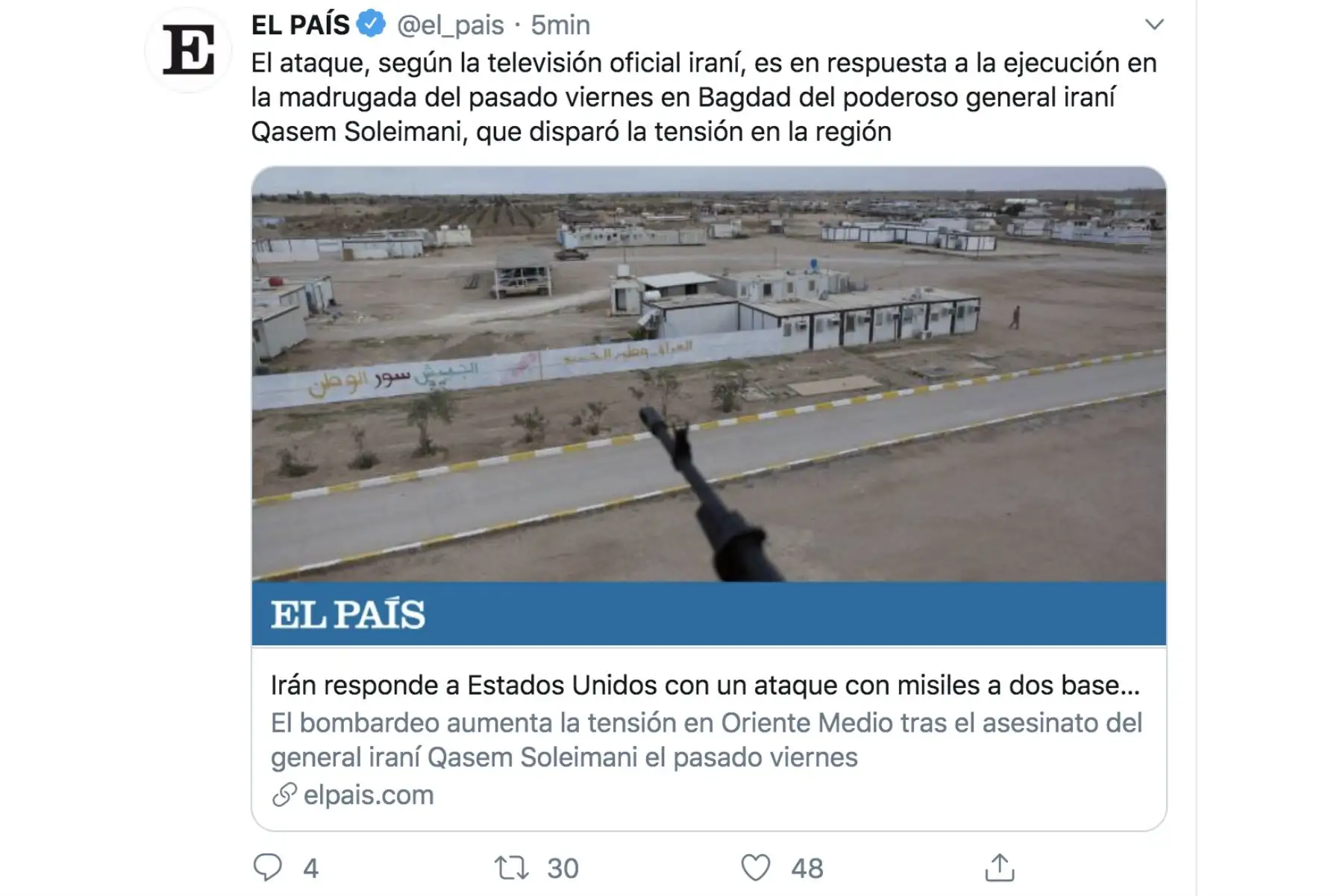 El País. Así informan los medios internacionales el ataque de Irán contra bases en Irak usadas por tropas de EE.UU.
Foto: Twitter
