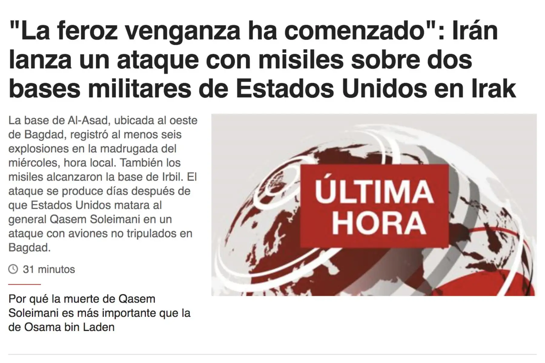 BBC. Así informan los medios internacionales el ataque de Irán contra bases en Irak usadas por tropas de EE.UU.
Foto: Twitter