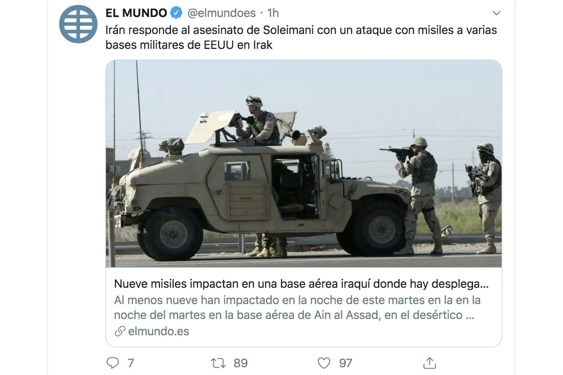 El Mundo. Así informan los medios internacionales el ataque de Irán contra bases en Irak usadas por tropas de EE.UU.
Foto: Twitter