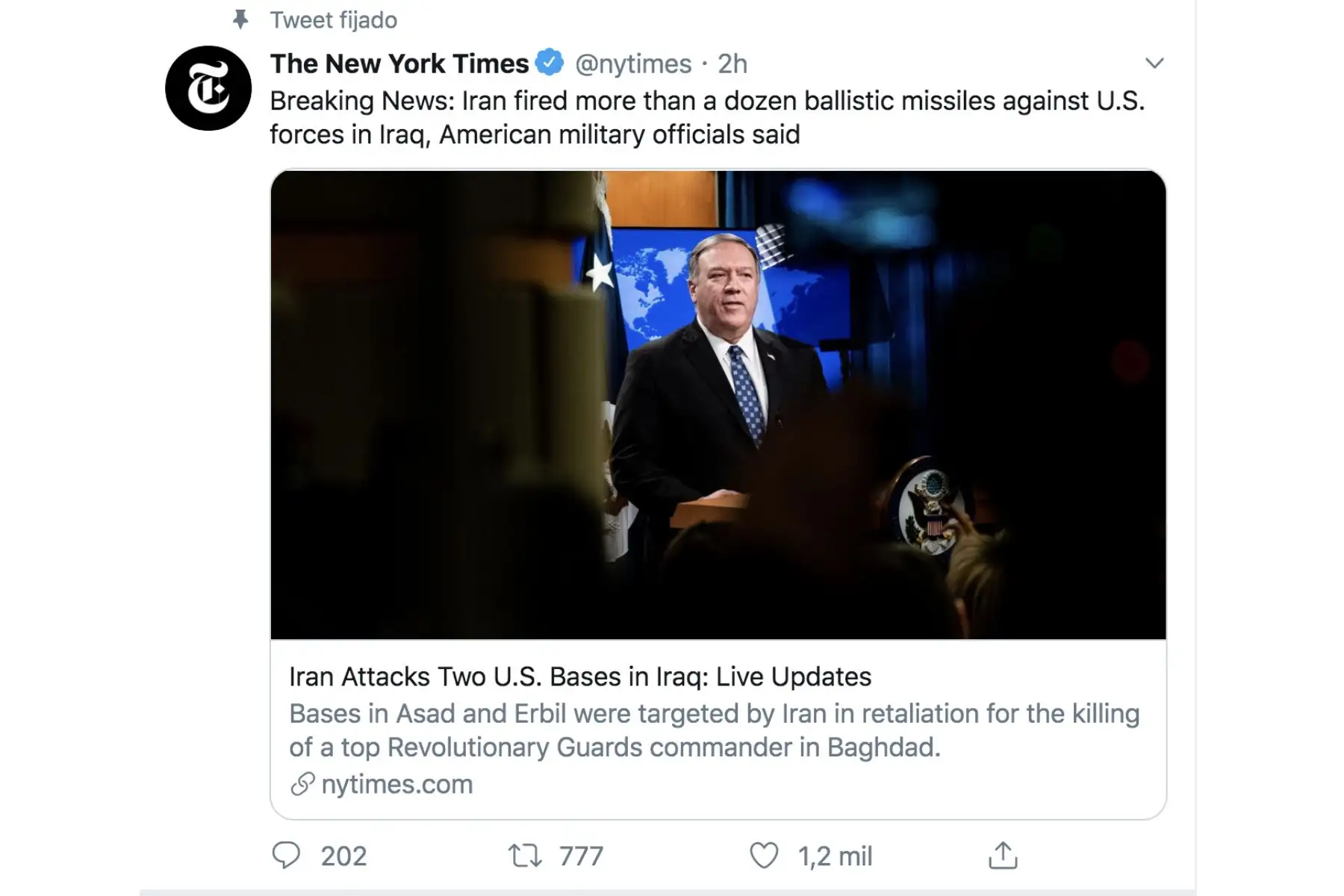 The New York Times. Así informan los medios internacionales el ataque de Irán contra bases en Irak usadas por tropas de EE.UU.
Foto: Twitter