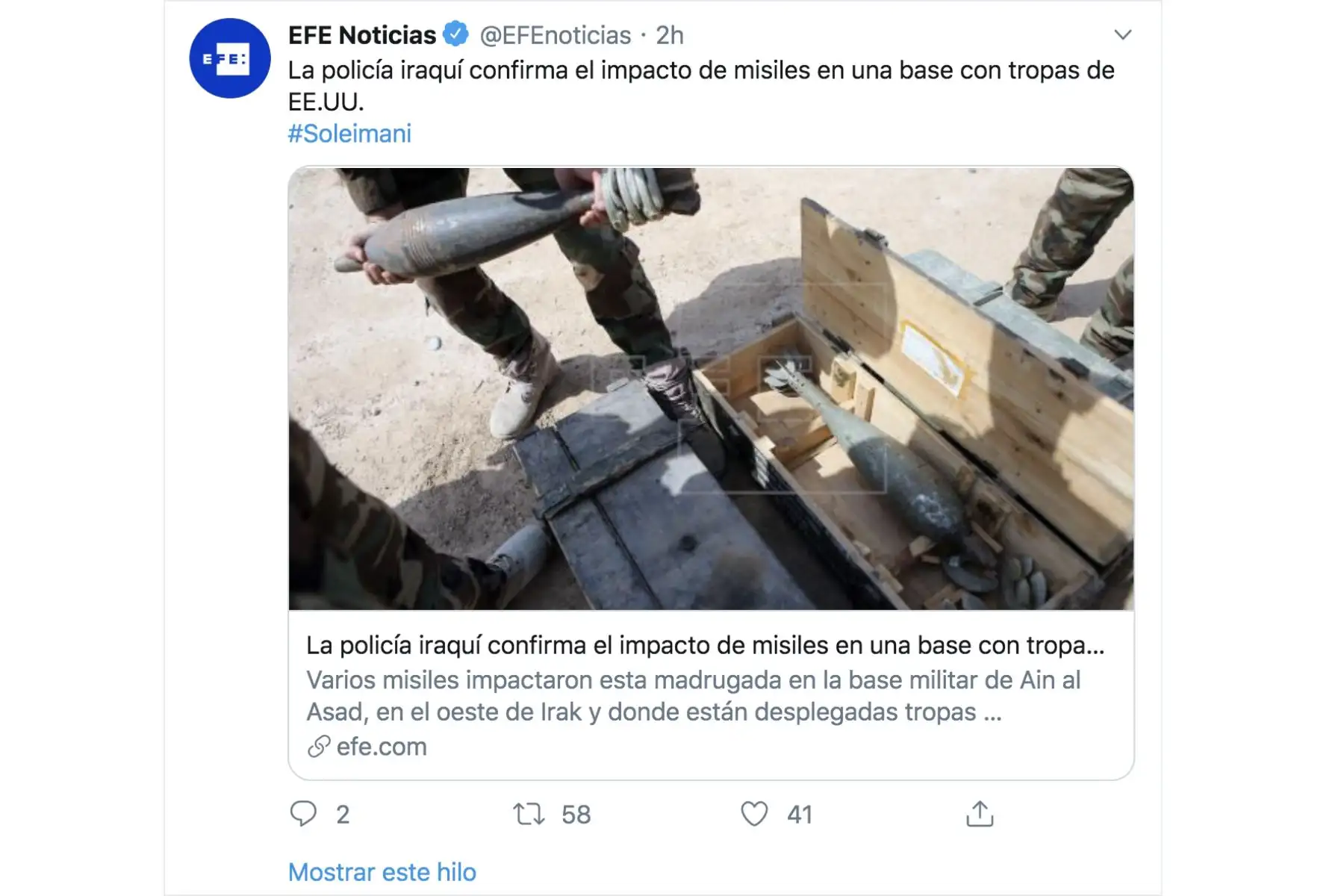 EFE. Así informan los medios internacionales el ataque de Irán contra bases en Irak usadas por tropas de EE.UU.
Foto: Twitter