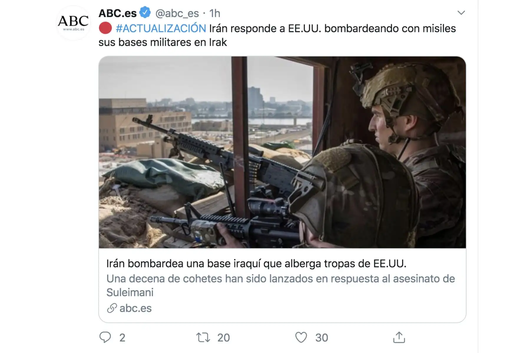 ABC. Así informan los medios internacionales el ataque de Irán contra bases en Irak usadas por tropas de EE.UU.
Foto: Twitter