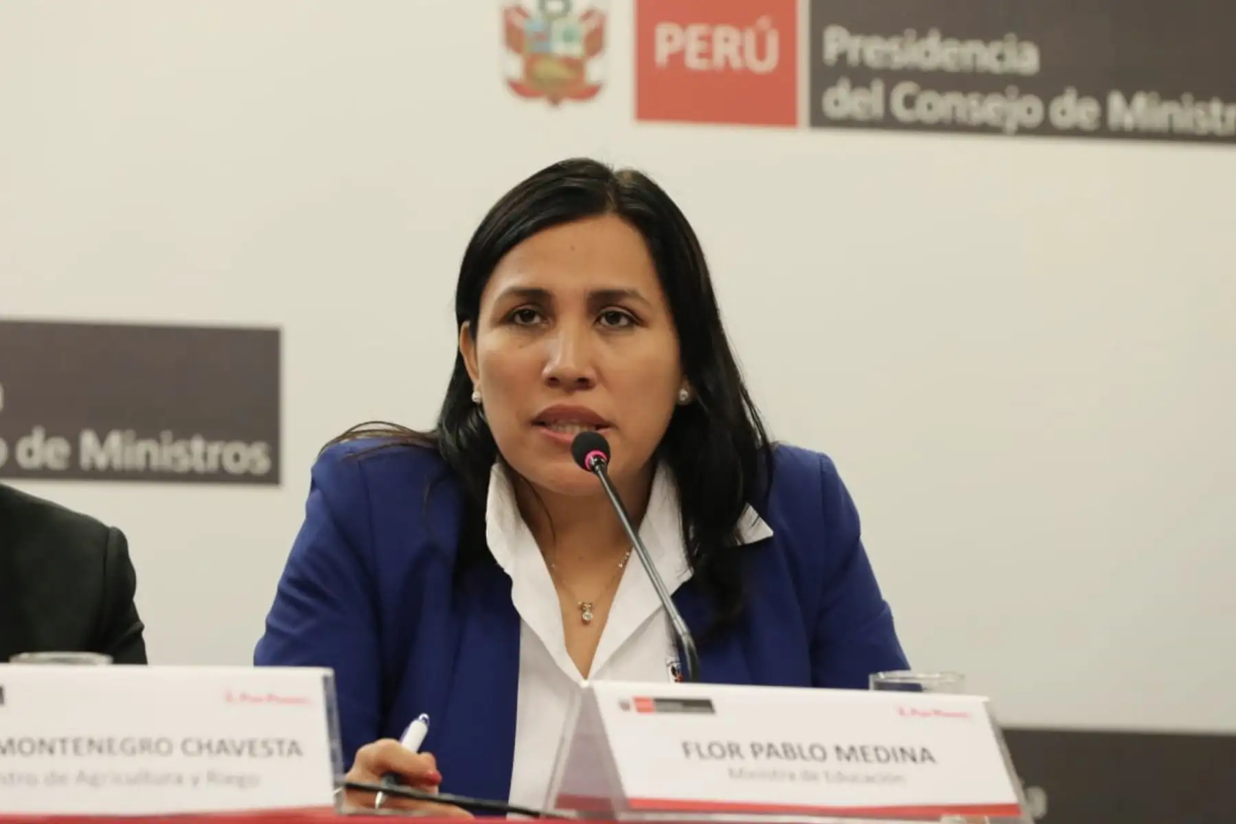 Ministra de Educación, Flor Pablo participa en la Conferencia de prensa para brindar alcances sobre los acuerdos adoptados hoy durante la sesión del Consejo de Ministros.
Foto: ANDINA/PCM