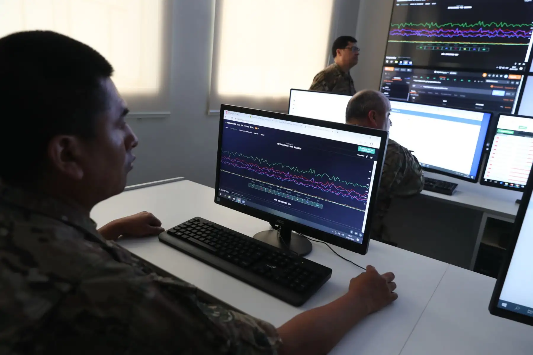 Ministro de Defensa, Walter Martos, junto al jefe del 
CCFFAA, supervisa el trabajo de las Fuerzas Armadas en estas Elecciones Congresales 2020 a nivel nacional, desde el Puesto de Comando del Comando Conjunto de las Fuerzas Armadas. Foto: ANDINA/Mindef