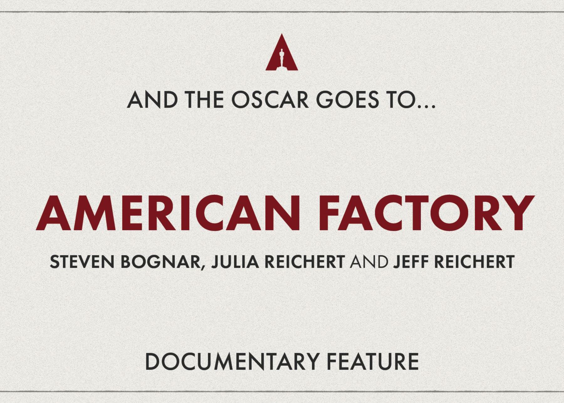 American Factory ganó el Óscar a mejor documental. Foto: Twitter / @TheAcademy