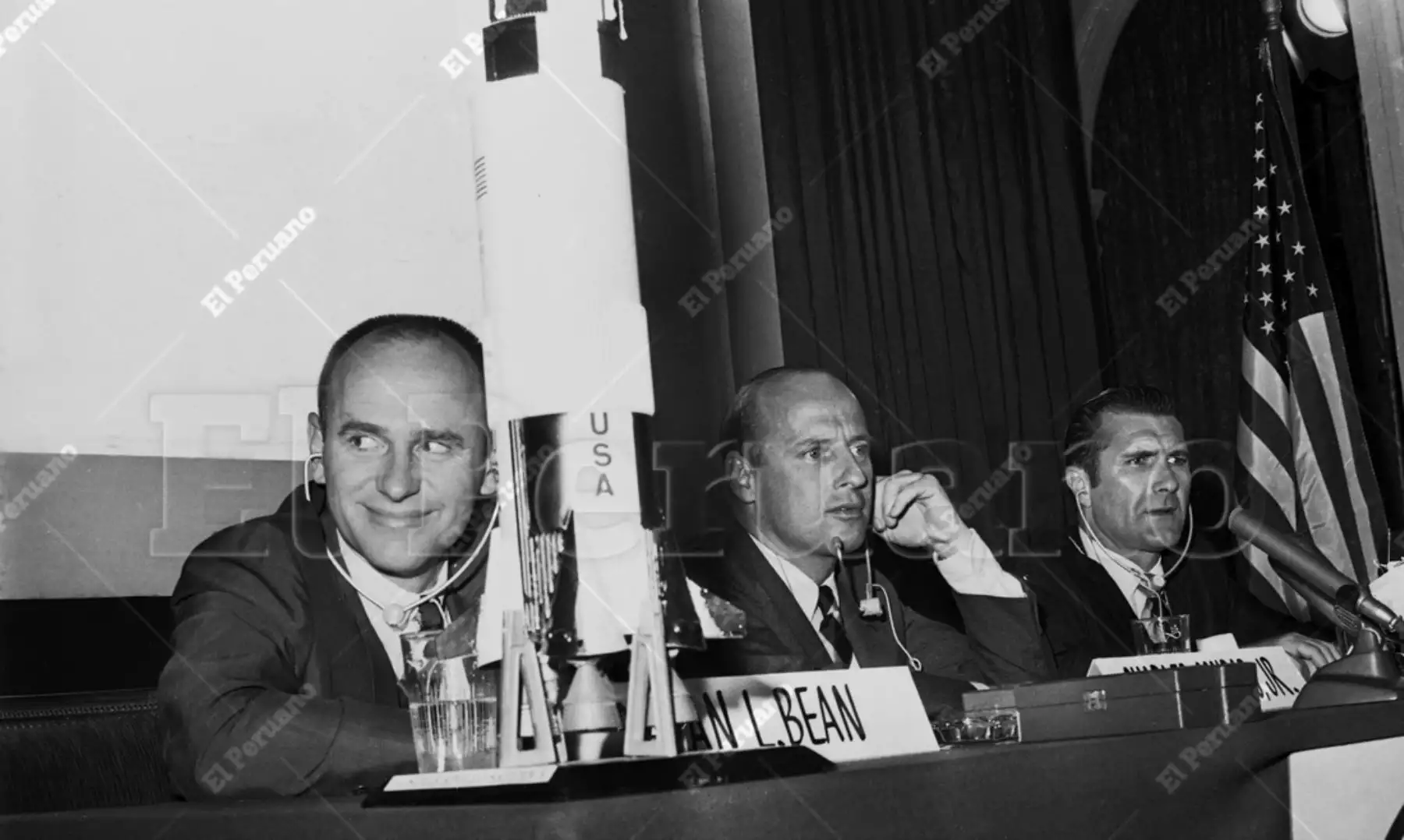 Lima - 17 febrero 1970 / Los astronautas del Apolo XII: Alan Bean, Chales Conrad y Richard Gordon ofrecieron una concurrida conferencia de prensa en el Hotel Bolívar. Los llamados héroes de la Luna realizan una visita de amistad y buena voluntad. Archivo