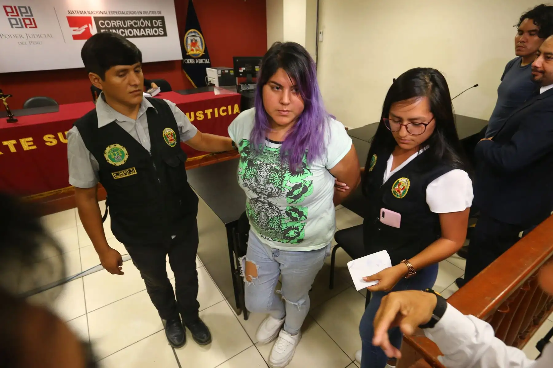 Tercer Juzgado de Investigación Preparatoria Transitoria realizó Audiencia de Control de Identidad a Andrea Regina Aguirre Concha y Kevin Alexander Villanueva Castillo, investigados por el asesinato de la Activista Solsiret Rodríguez Aybar. Foto:ANDINA/ Héctor Vinces