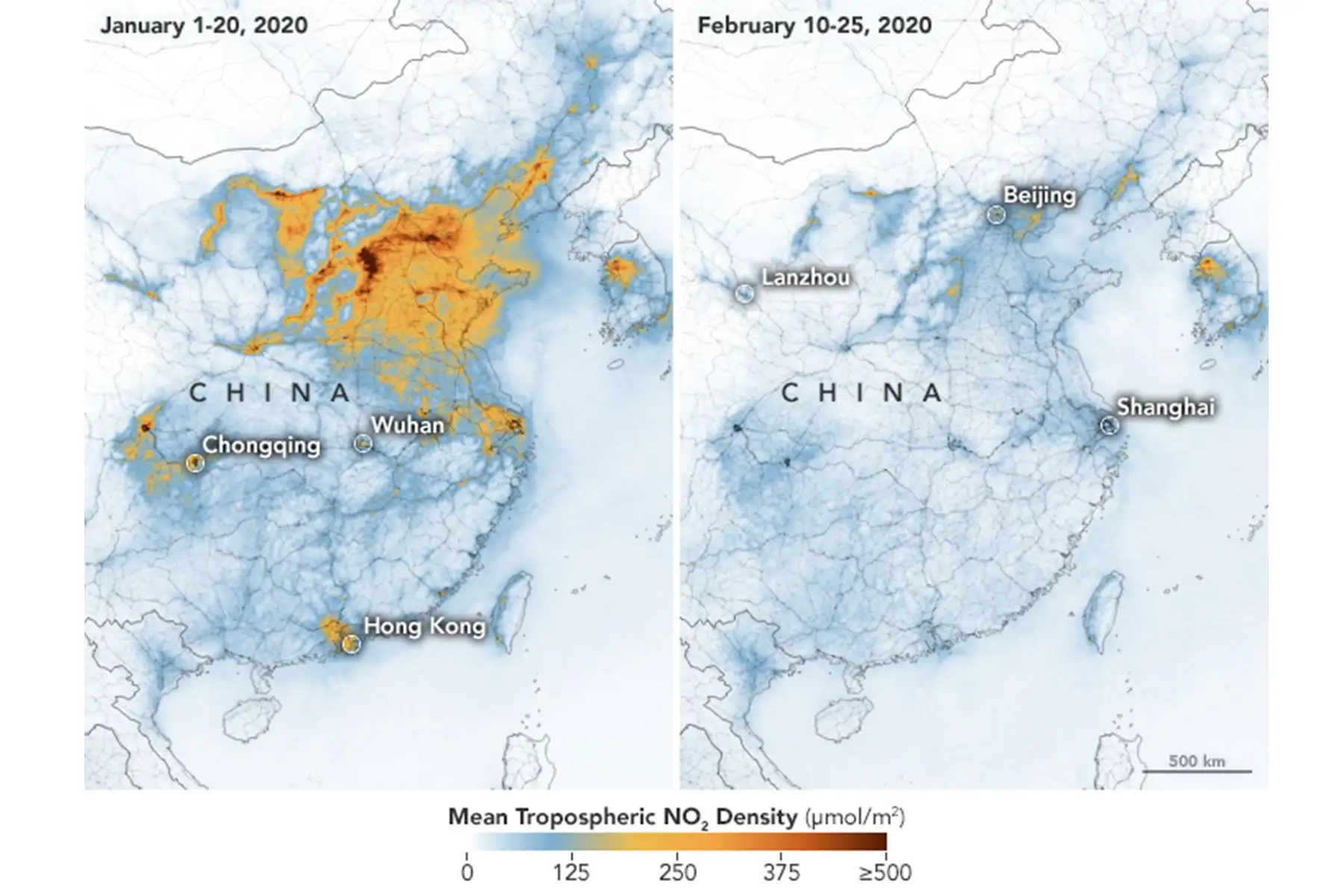 La NASA y la Agencia Espacial Europea (ESA) han detectado disminuciones significativas en el dióxido de nitrógeno (NO 2 ) sobre China asociada, al menos en parte, con la aparición del coronavirus. Imagen: Observatorio de la Tierra de la NASA.