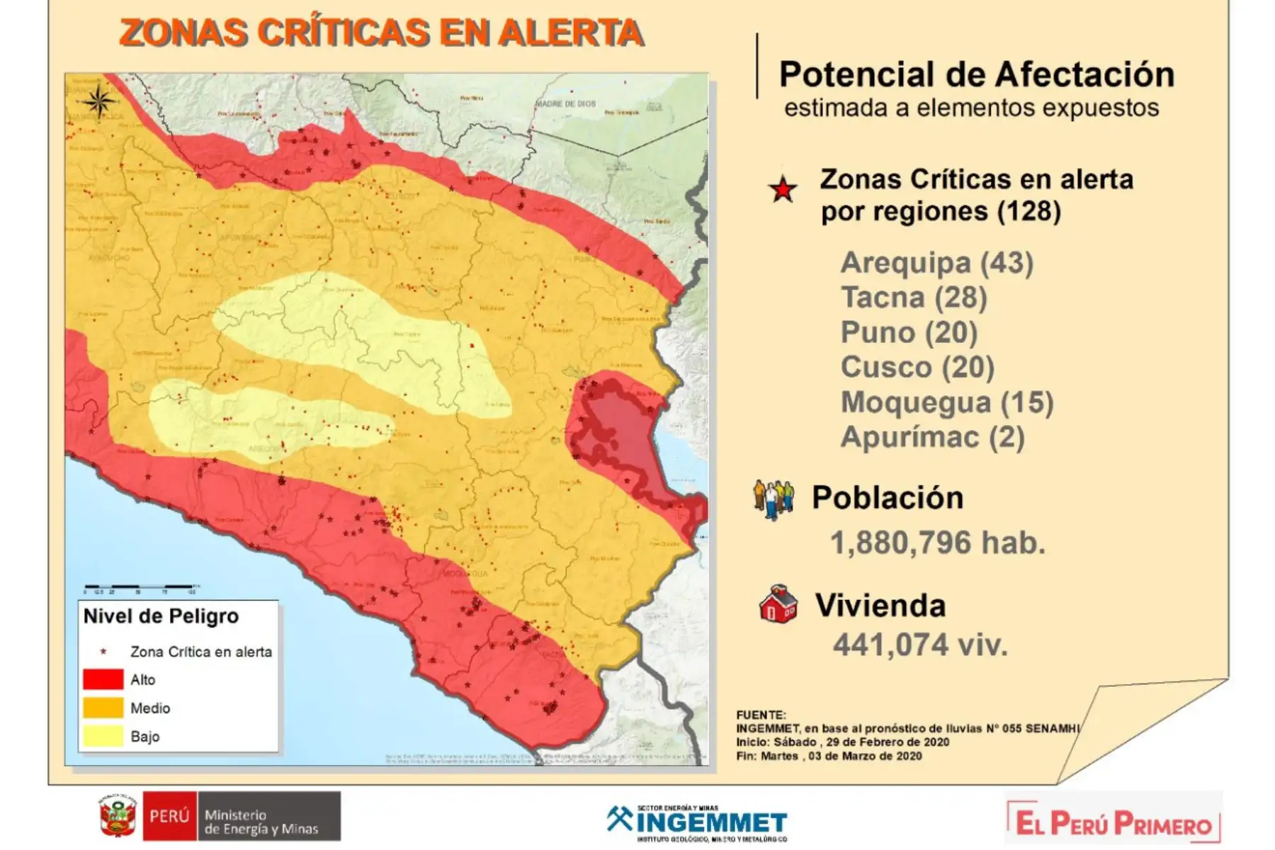 El Ingemmet elaboró un mapa de zonas críticas en alerta con potencial de afectación del 29 de febrero al 3 de marzo.
