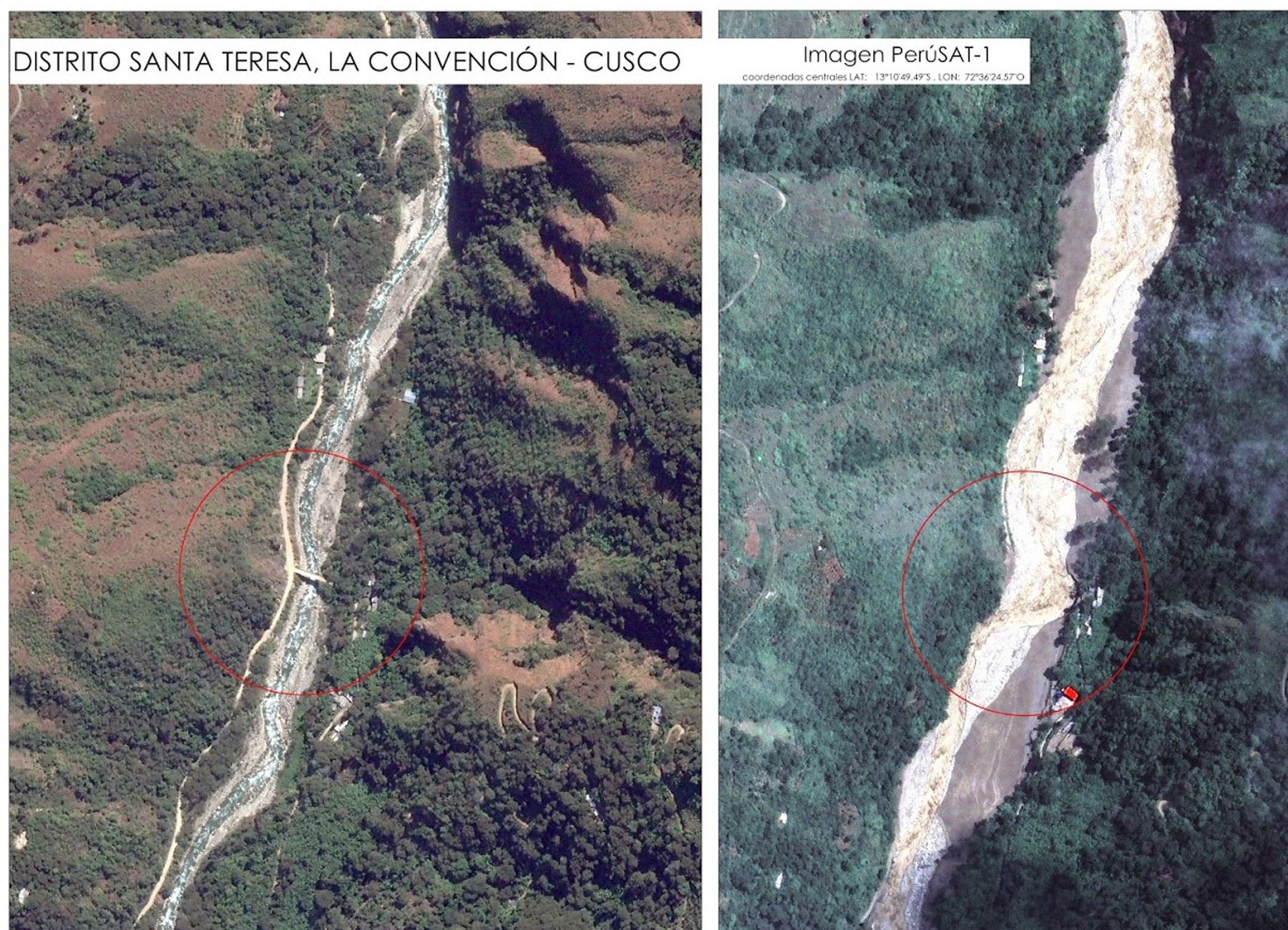 La Agencia Espacial del Perú envió imágenes del satélite PerúSAT-1 que fueron captadas en la zona afectada del distrito de Santa Teresa en Cusco