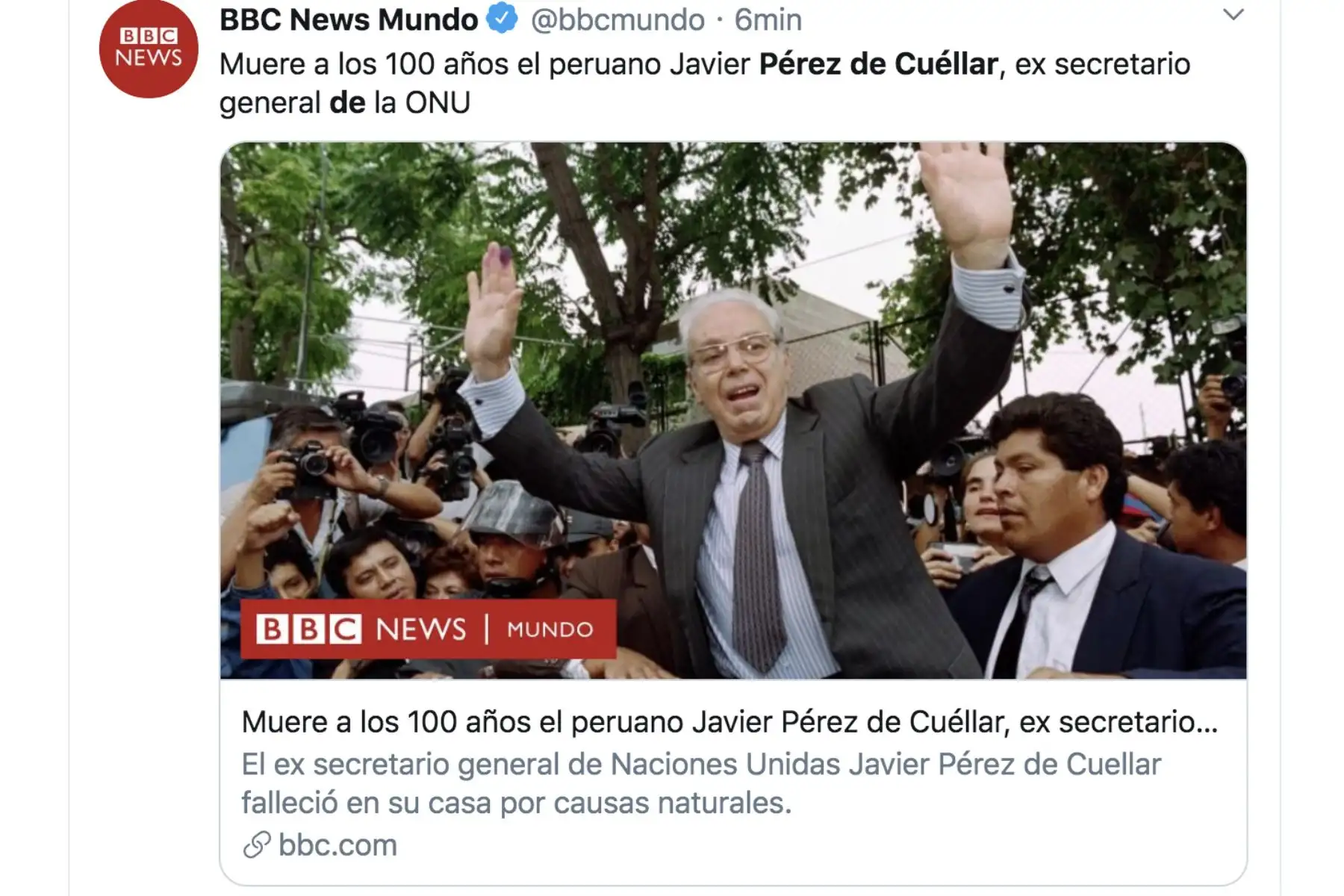 BBC News Mundo, así informan los medios del mundo sobre el facellicimiento del ex secretario general de la ONU, Javier Pérez de Cuellar.
Foto: Difusión Twiter