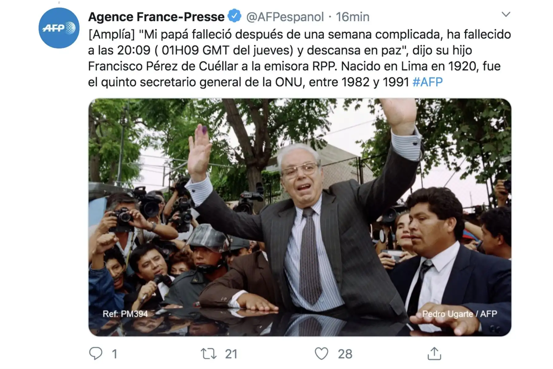 AFP, así informan los medios del mundo sobre el fallecimiento del ex secretario general de la ONU, Javier Peréz de Cuellar.
Foto: Difusión Twiter