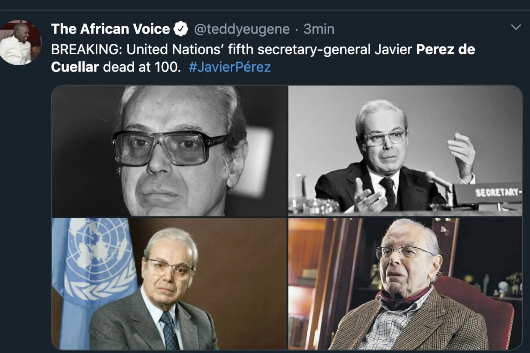 The African Voice, así informan los medios del mundo sobre el fallecimiento del ex secretario general de la ONU, Javier Pérez de Cuellar.
Foto: Difusión Twiter
