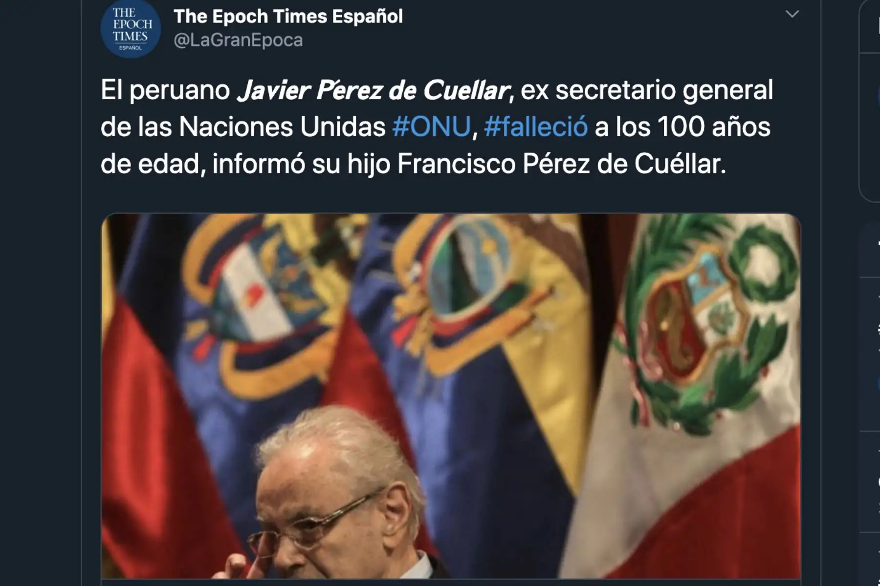 The Epoch Times Españo, así informan los medios del mundo sobre el fallecimiento del ex secretario general de la ONU, Javier Peréz de Cuellar.
Foto: Difusión Twiter