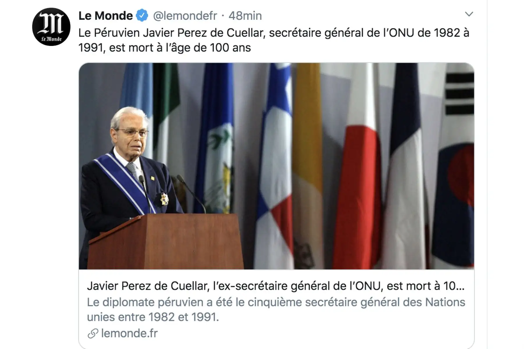 Le Monde, así informan los medios del mundo sobre el fallecimiento del ex secretario general de la ONU, Javier Peréz de Cuellar.
Foto: Difusión Twiter