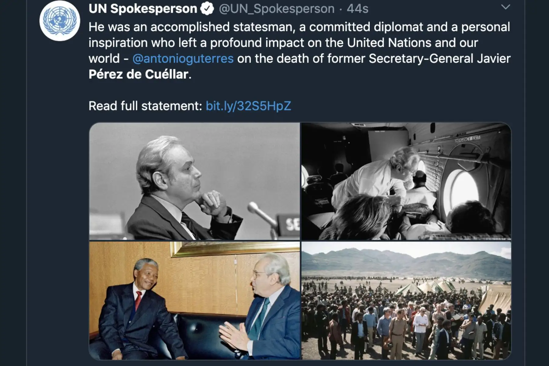 Naciones Unidas, así informan los medios del mundo sobre el fallecimiento del ex secretario general de la ONU, Javier Peréz de Cuellar.
Foto: Difusión Twiter