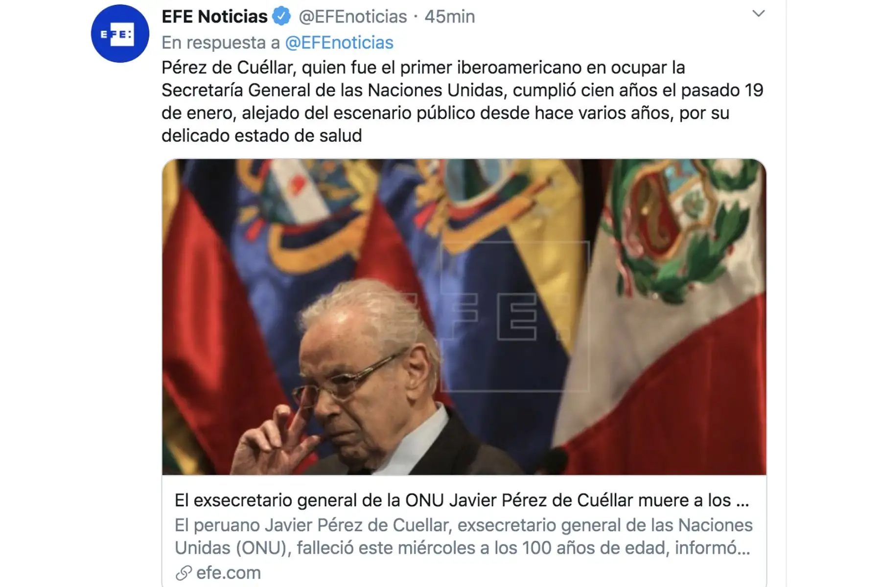 EFE, así informan los medios del mundo sobre el fallecimiento del ex secretario general de la ONU, Javier Peréz de Cuellar.
Foto: Difusión Twiter