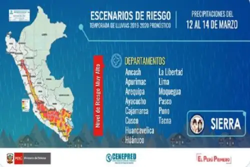 Ayacucho es la región que presenta la mayor cantidad de distritos con riesgo muy alto (58) por lluvias.