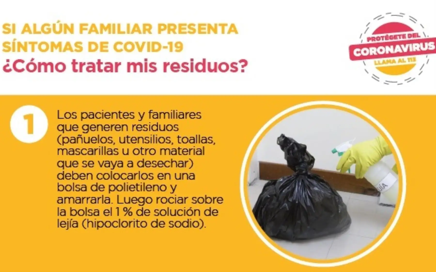 El Ministerio del Ambiente (Minam) presenta el protocolo que se debe seguir para tratar los residuos sólidos si algún familiar presenta síntomas de coronavirus (Covid-19). ANDINA/Difusión
