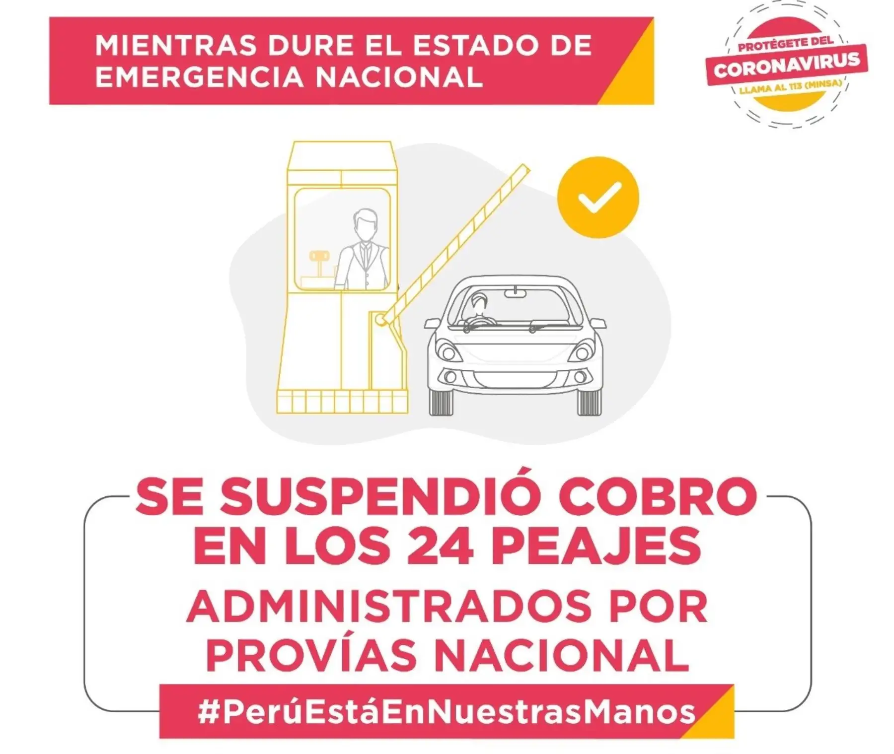 Gobierno anuncia la suspensión del cobro en los 24 peajes administrados por Provias Nacional durante el estado de emergencia. ANDINA/Difusión