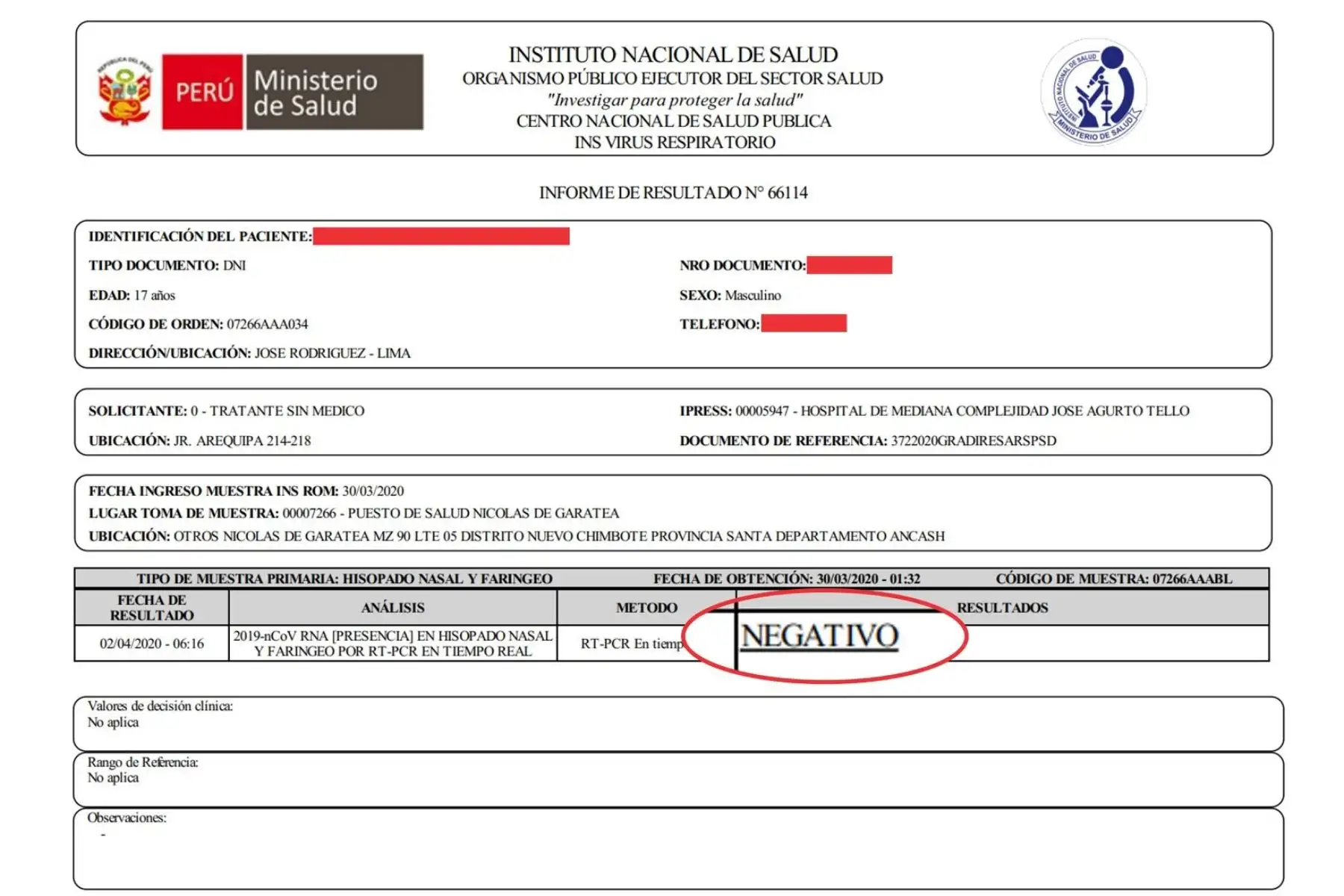 Reporte del Instituto Nacional de Salud (INS) confirmó segundo caso curado de coronavirus en Nuevo Chimbote. ANDINA/Difusión