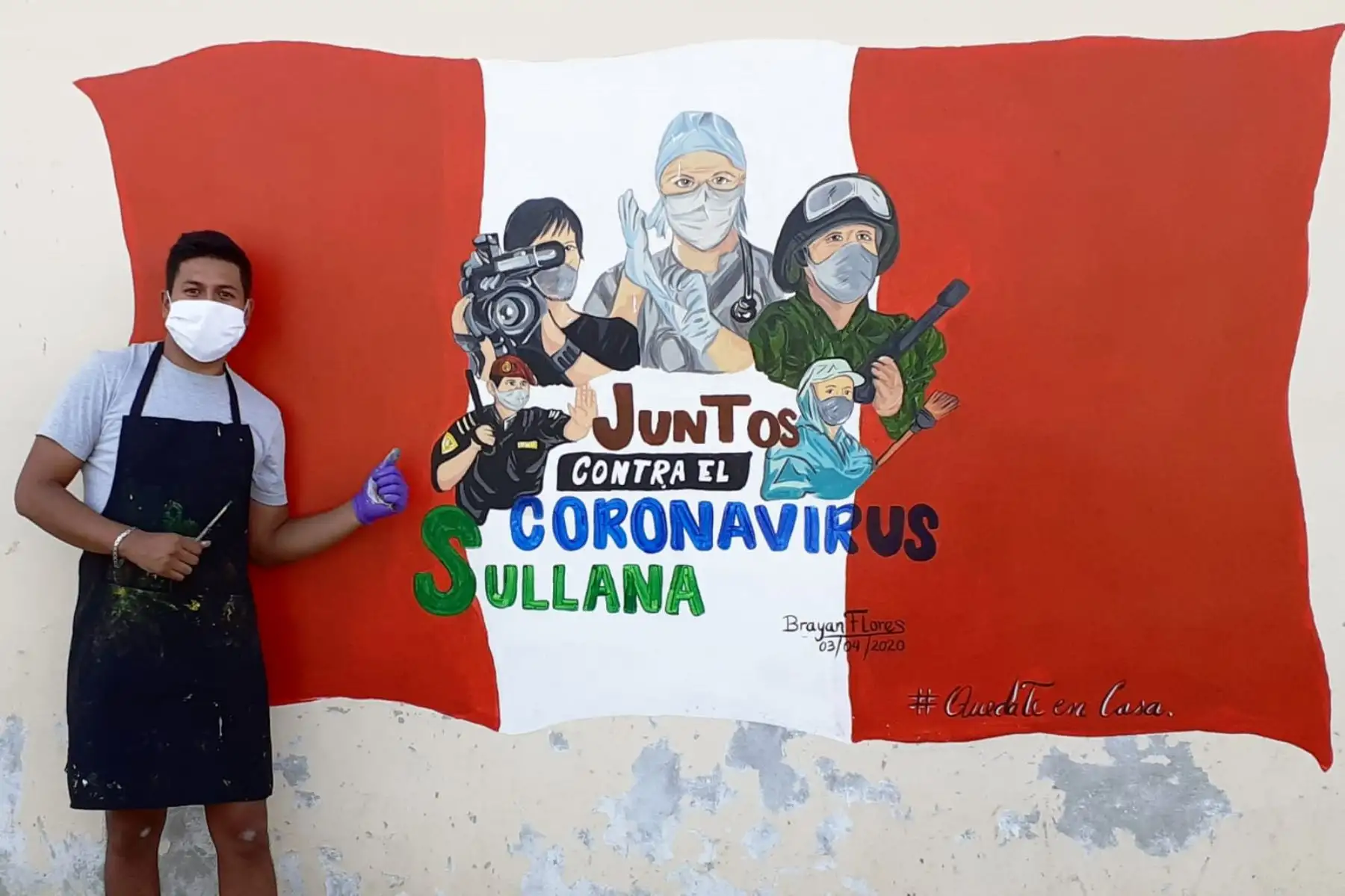Brayan Flores es un artista sullanero que rinde homenaje a personal que lucha contra el Covid 19. Foto: Difusión