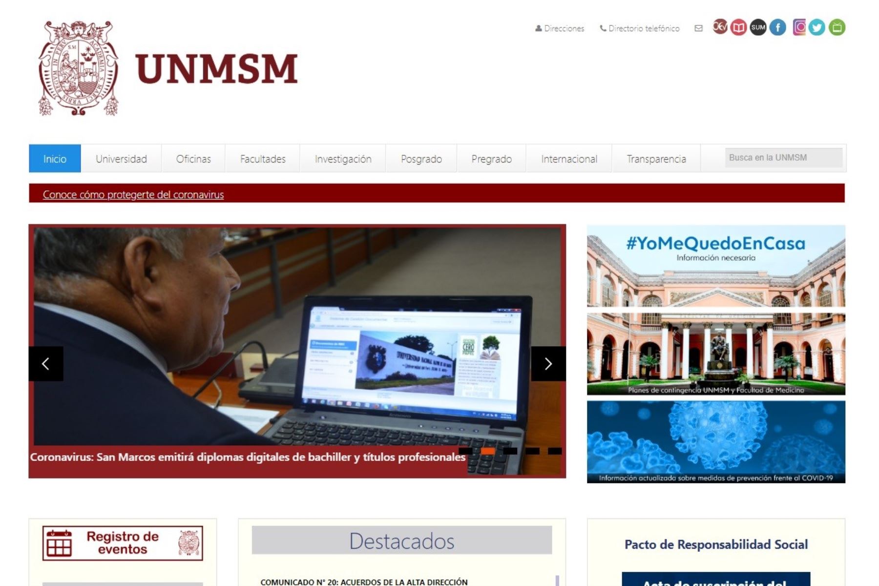 Portal web de la Universidad Nacional Mayor de San Marcos.