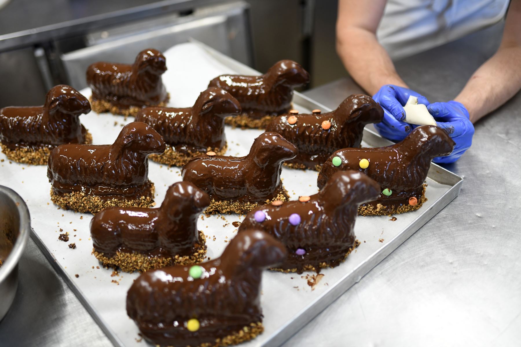 En la panadería Schuerener Backparadies en Dortmund, Alemania occidental,  en medio de la propagación del nuevo coronavirus, se exhiben pasteles tradicionales de chocolate de pascua con forma de corderos.
Foto: AFP