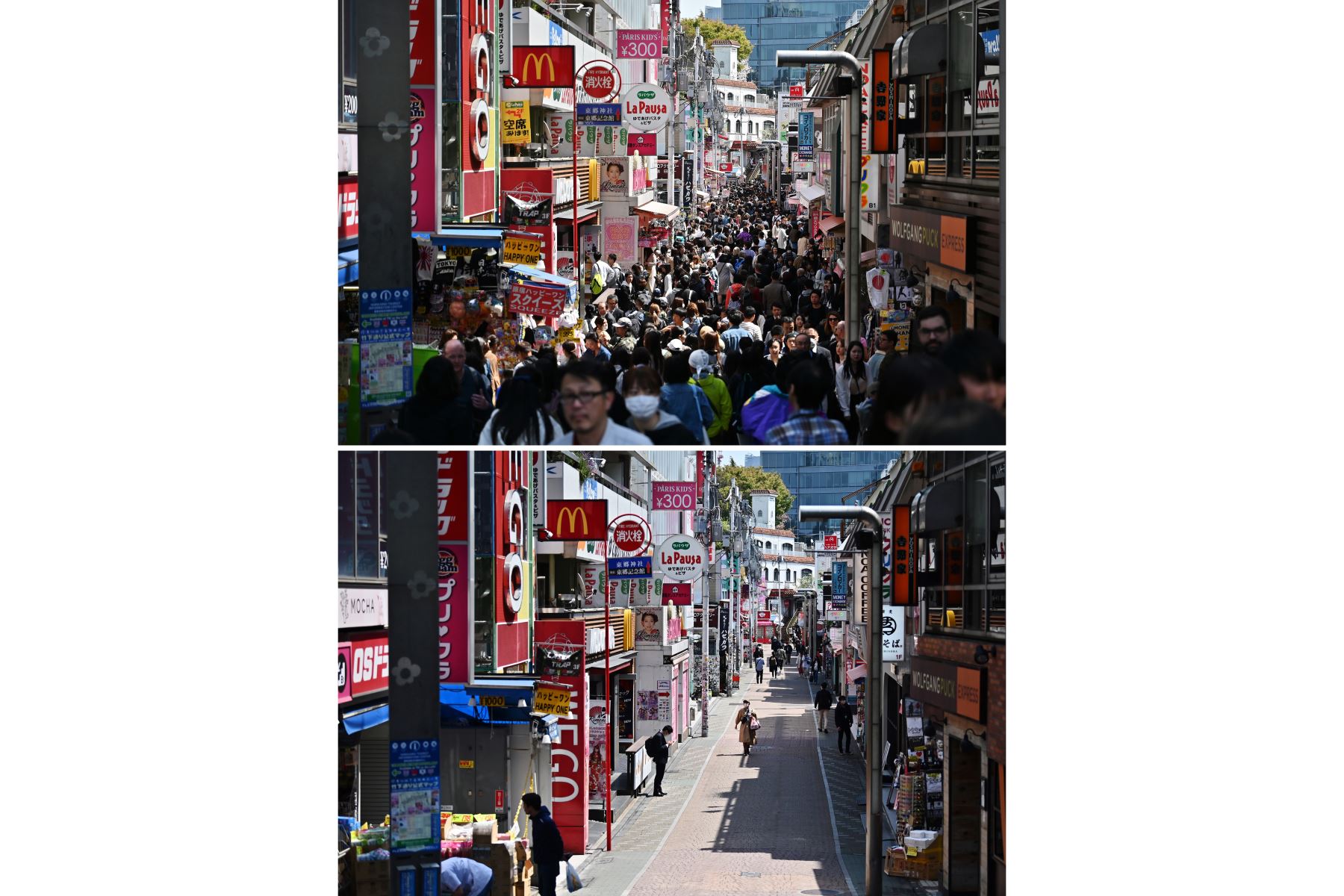 Esta combinación de dos imágenes  tomadas en la calle Takeshita en el área de Harajuku de Tokio muestra (en la parte superior) a las personas caminando en la parte inferior a las personas caminando  en el primer día de un estado de emergencia debido al brote de coronavirus.
Foto: AFP