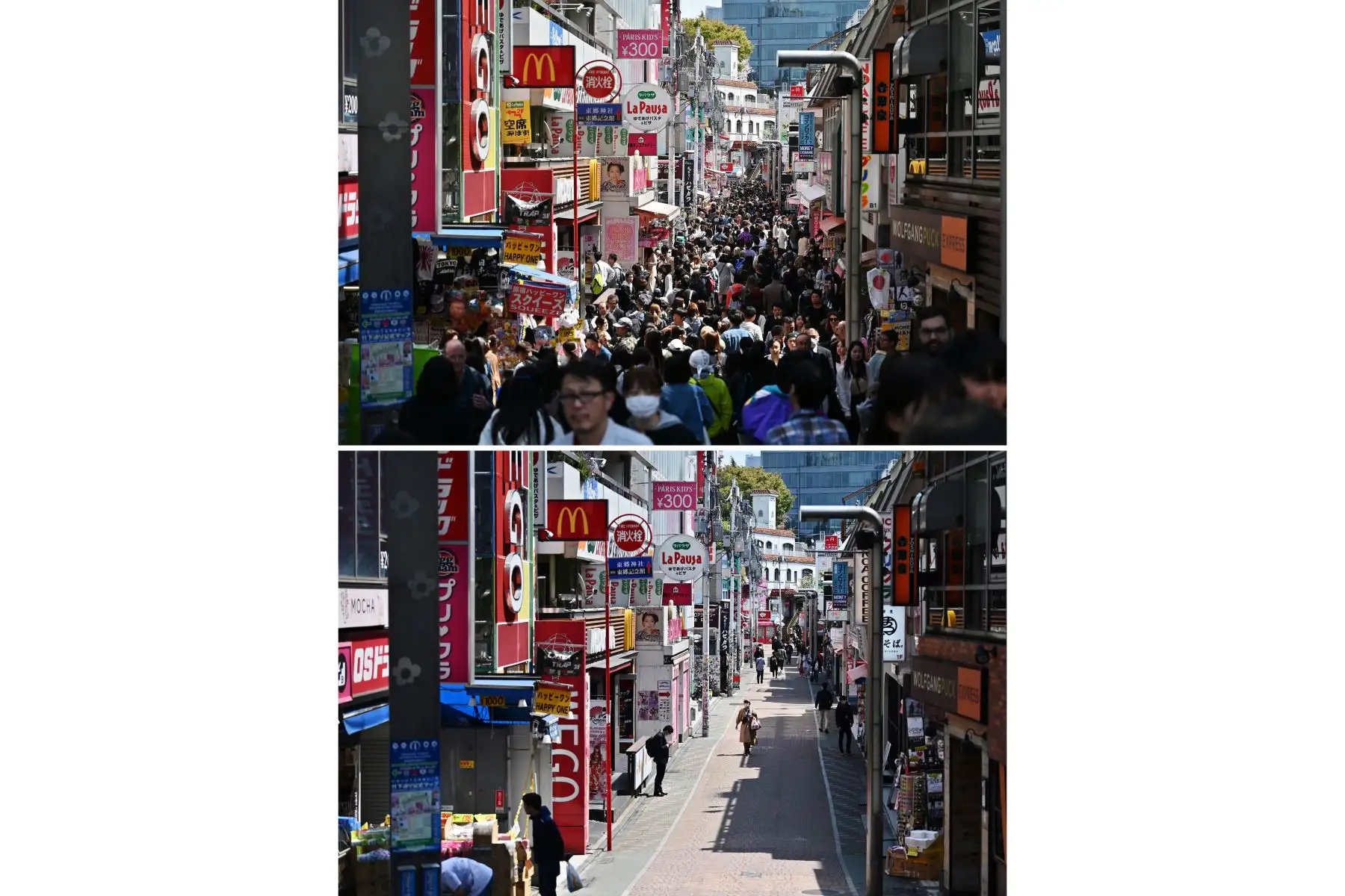 Esta combinación de dos imágenes  tomadas en la calle Takeshita en el área de Harajuku de Tokio muestra (en la parte superior) a las personas caminando en la parte inferior a las personas caminando  en el primer día de un estado de emergencia debido al brote de coronavirus.
Foto: AFP